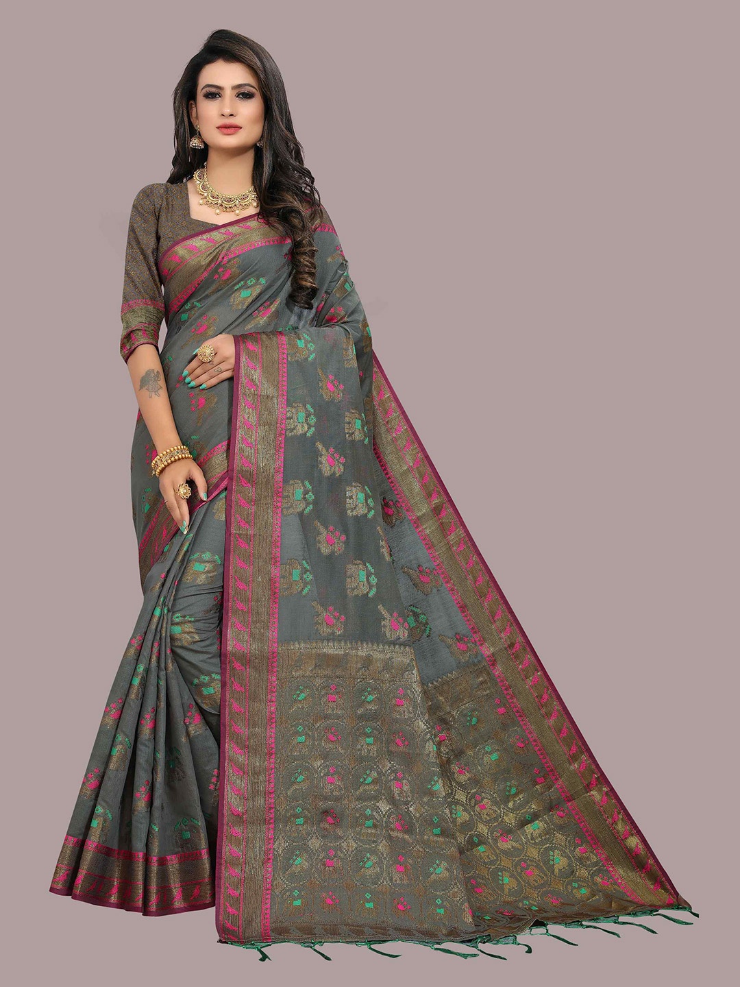 

Mizzific Grey & Green Woven Design Zari Pure Cotton Chanderi Saree