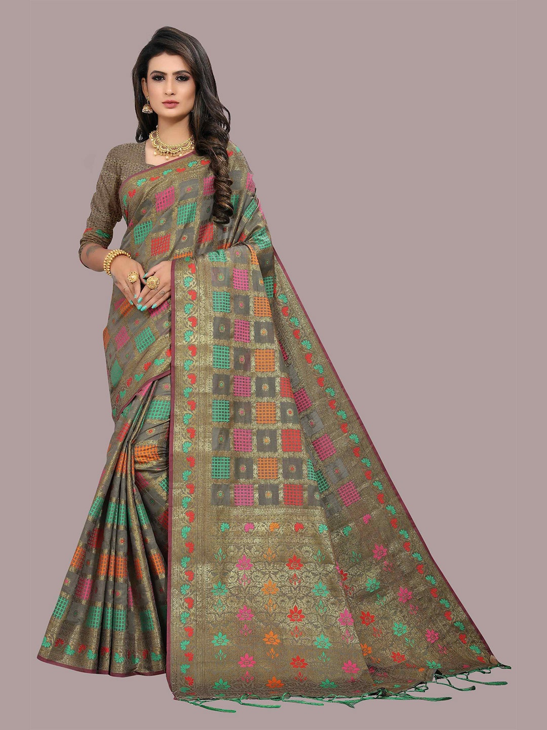 

Mizzific Grey & Pink Ethnic Motifs Zari Pure Cotton Chanderi Saree