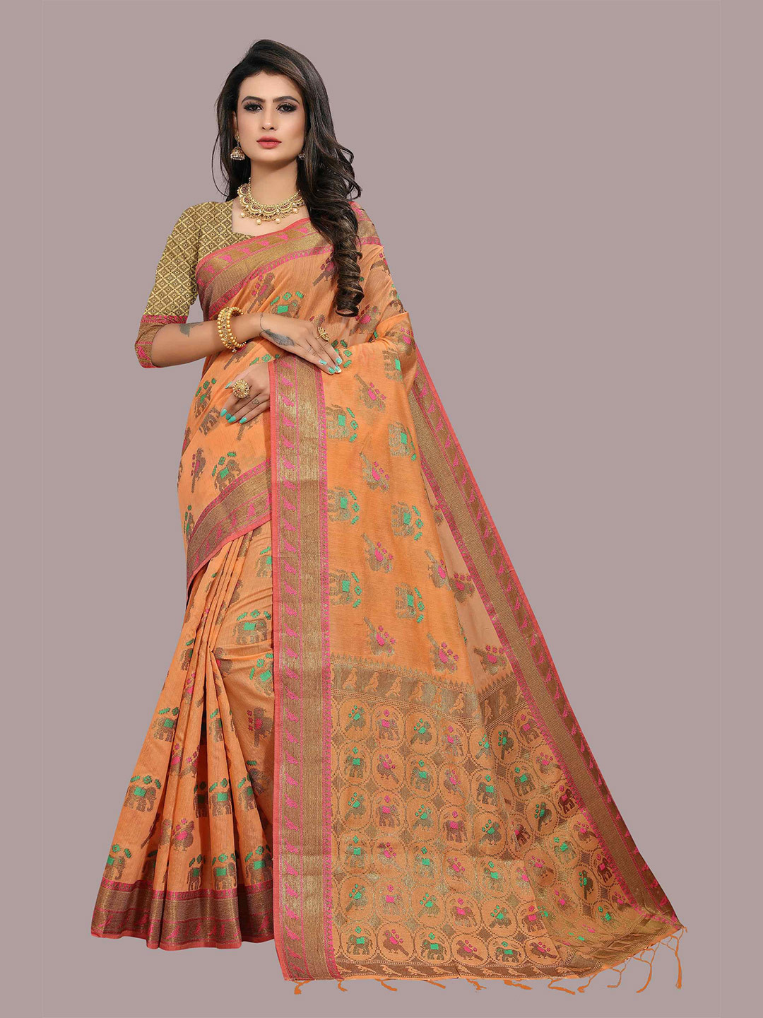 

Mizzific Peach-Coloured & Blue Woven Design Zari Pure Cotton Chanderi Saree