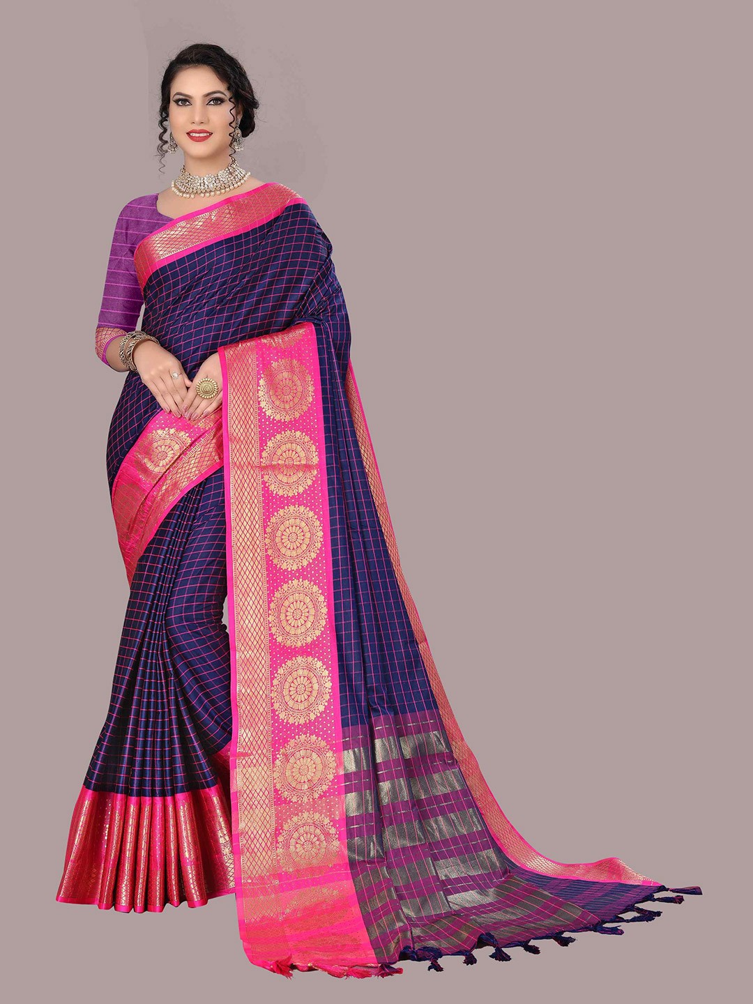 

Mizzific Blue & Pink Floral Zari Silk Cotton Banarasi Saree