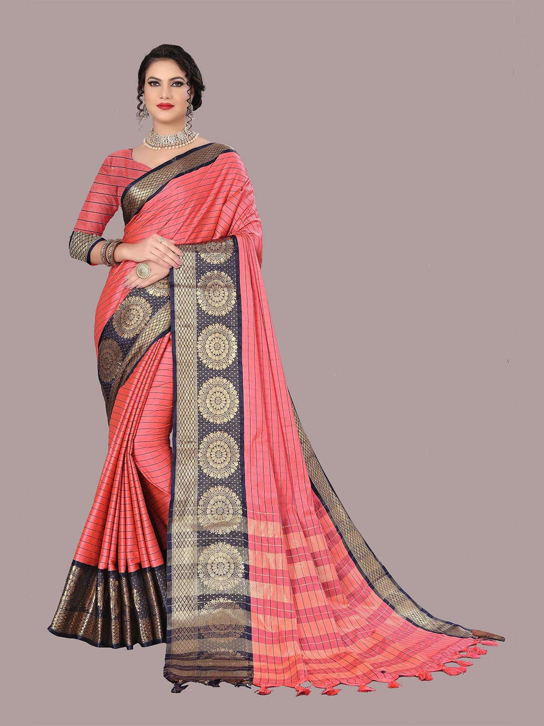 

Mizzific Black & Navy Blue Woven Design Zari Silk Cotton Banarasi Saree