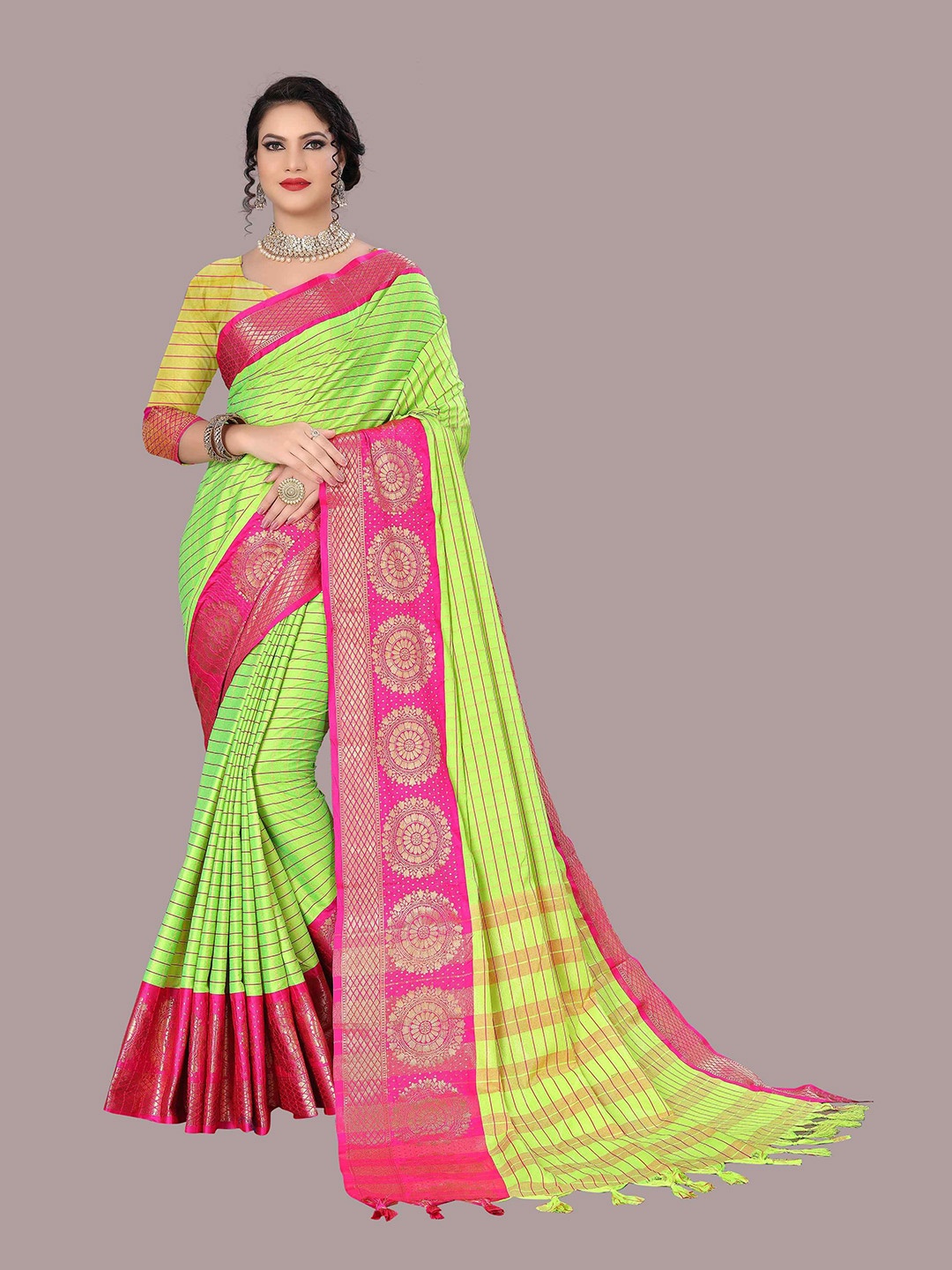 

Mizzific Pink & Gold-Toned Woven Design Zari Silk Cotton Banarasi Saree