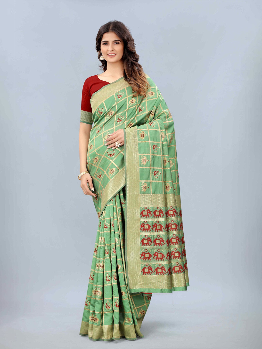 

Mizzific Lime Green & Red Woven Design Zari Silk Cotton Banarasi Saree