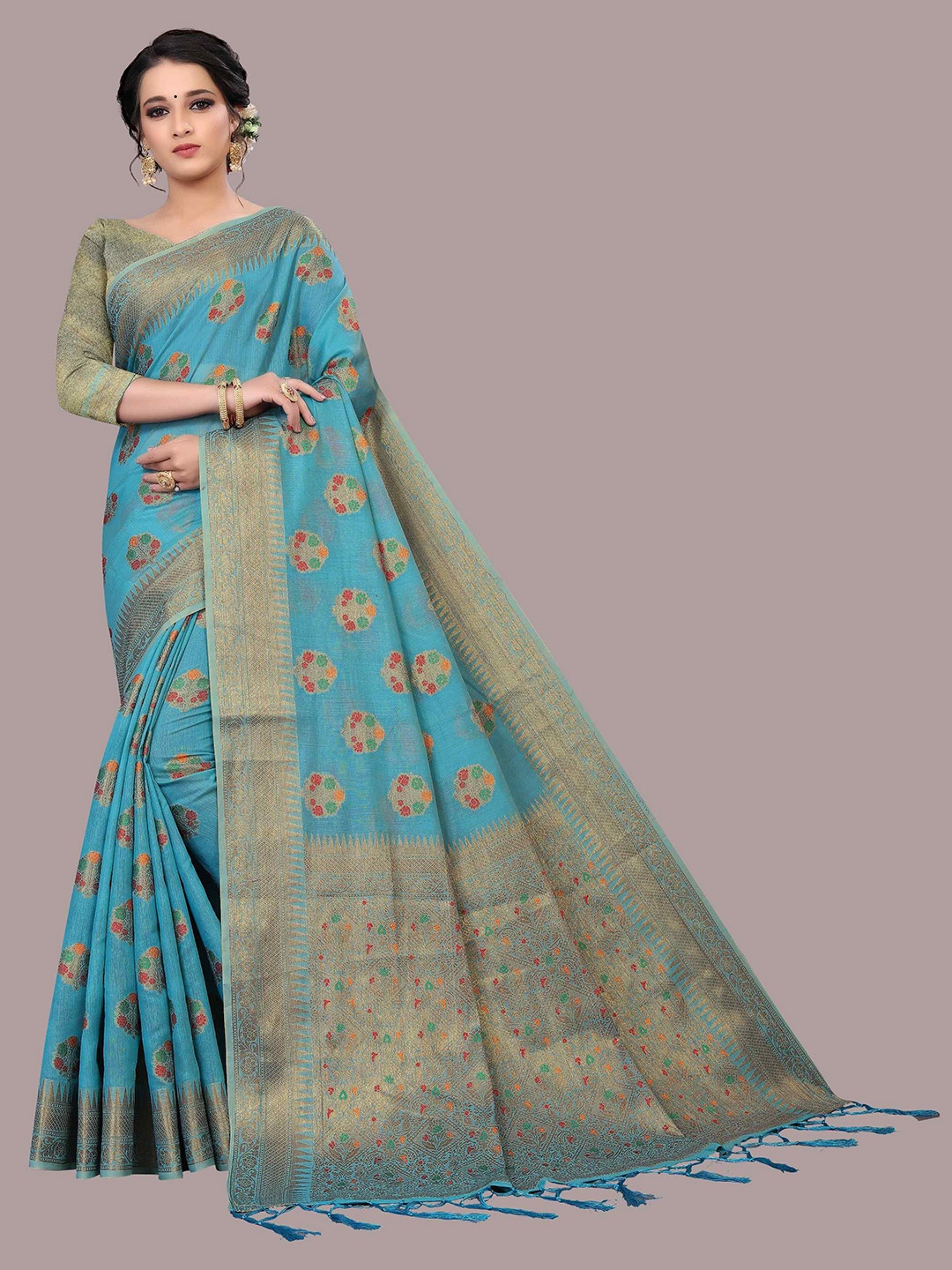 

Mizzific Turquoise Blue & Gold-Toned Woven Design Zari Pure Cotton Chanderi Saree