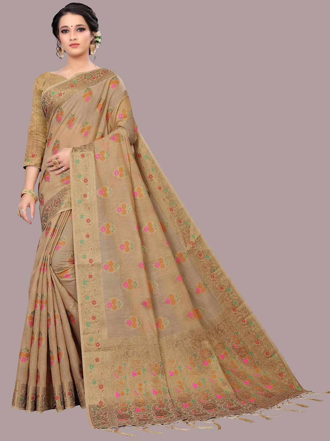 

Mizzific Cream-Coloured & Gold-Toned Woven Design Zari Pure Cotton Chanderi Saree