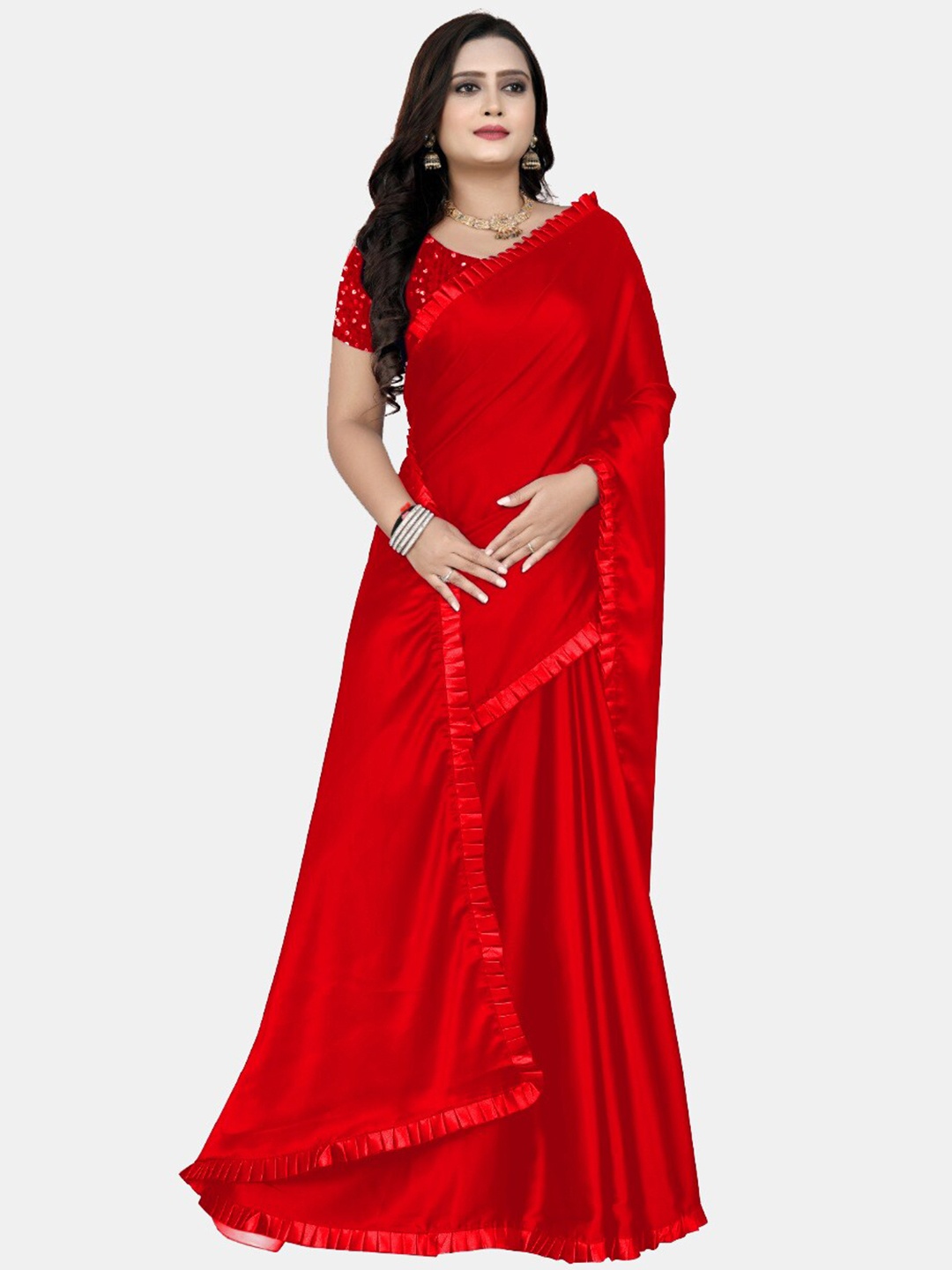 

Mizzific Red Zari Satin Saree