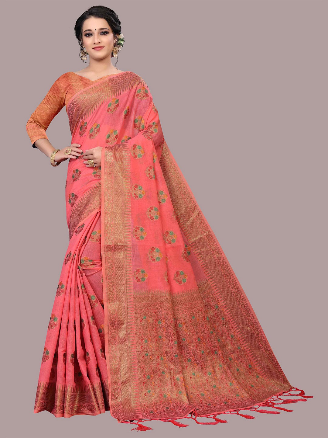 

Mizzific Pink & Gold-Toned Woven Design Zari Pure Cotton Chanderi Saree