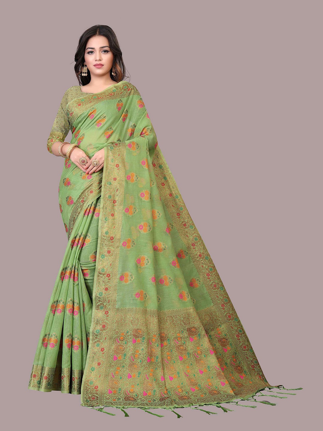

Mizzific Green & Pink Woven Design Zari Pure Cotton Chanderi Saree