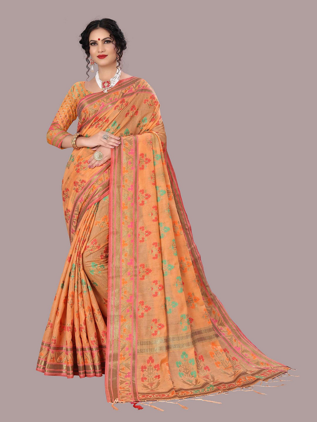 

Mizzific Peach-Coloured & Green Woven Design Zari Pure Cotton Chanderi Saree