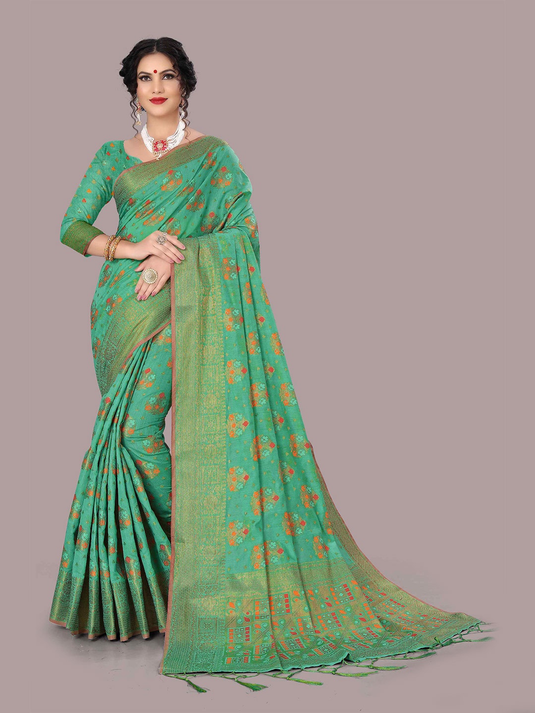

Mizzific Turquoise Blue & Red Floral Zari Pure Cotton Chanderi Saree