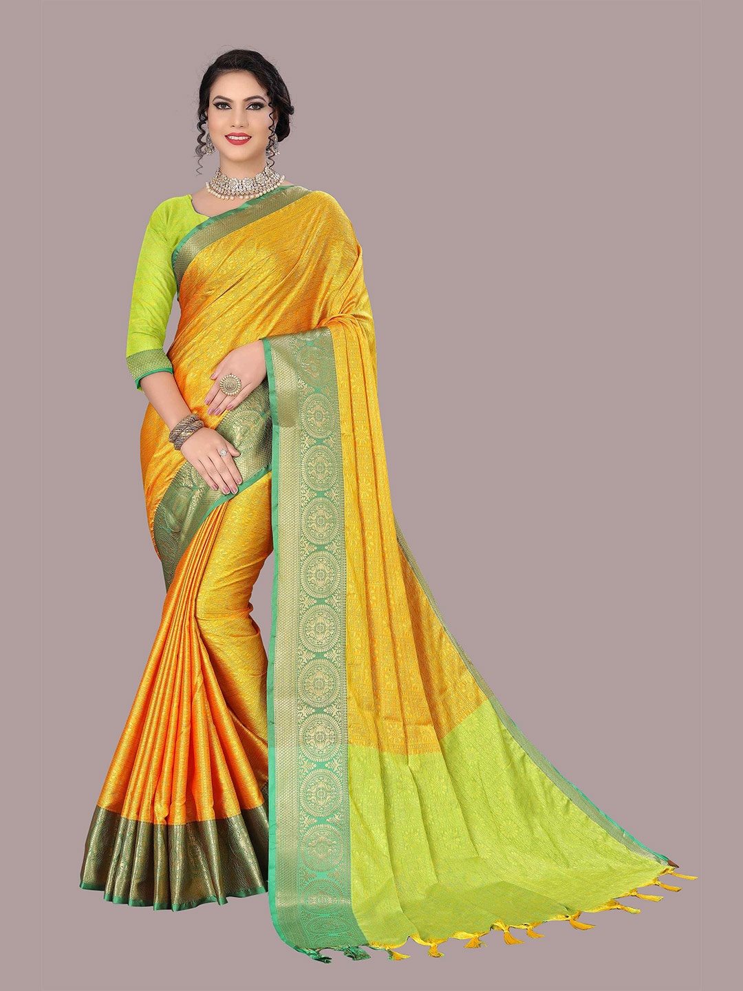 

Mizzific Green & Yellow Floral Zari Silk Cotton Kanjeevaram Saree