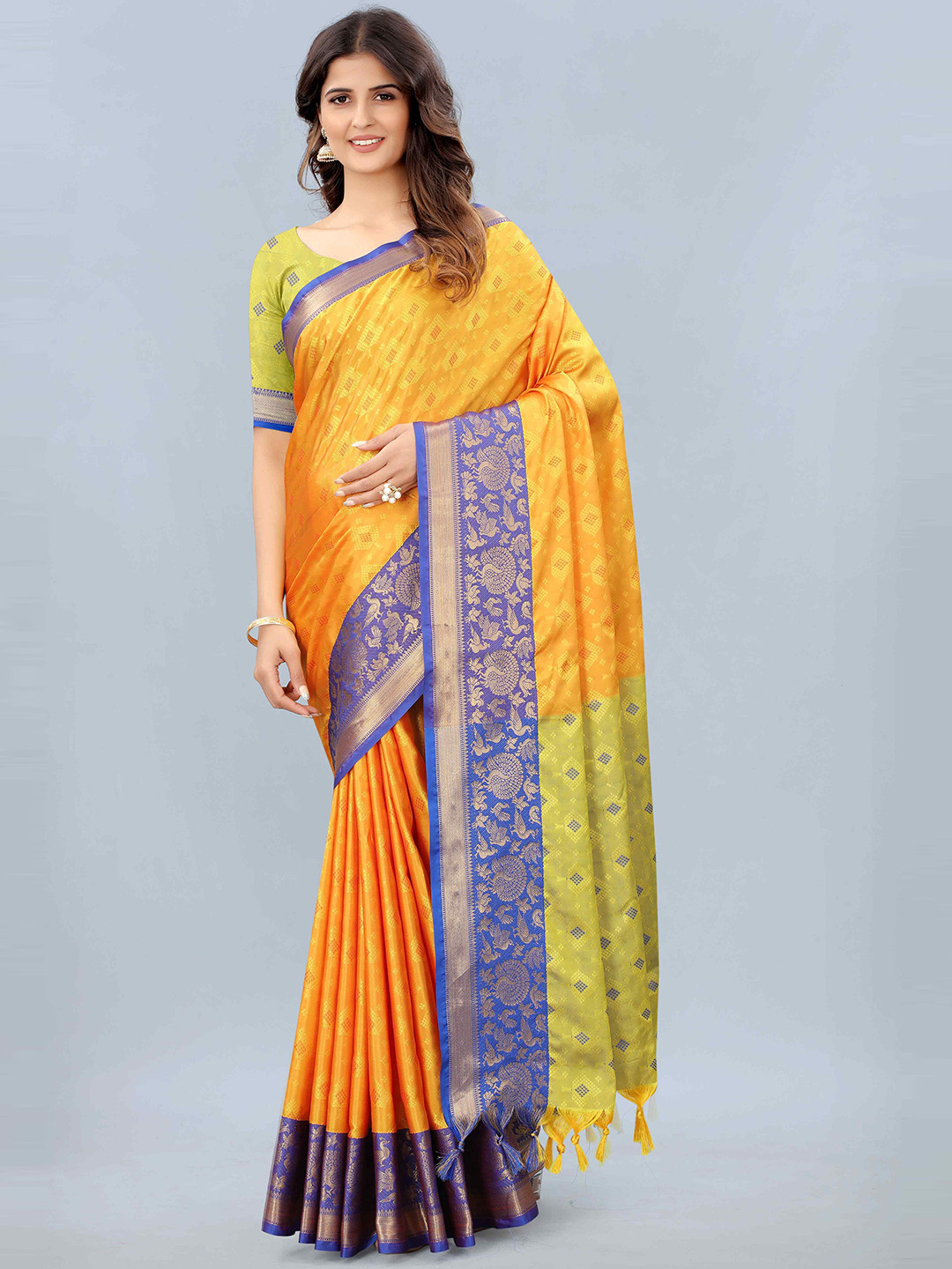

Mizzific Mustard & Gold-Toned Floral Zari Silk Cotton Kanjeevaram Saree