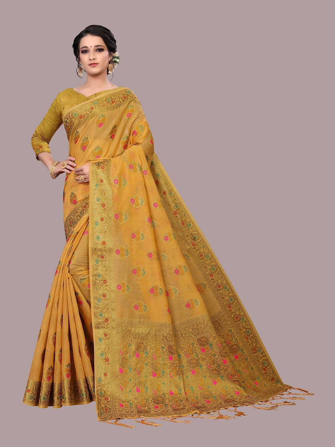 

Mizzific Yellow & Red Floral Zari Pure Cotton Chanderi Saree