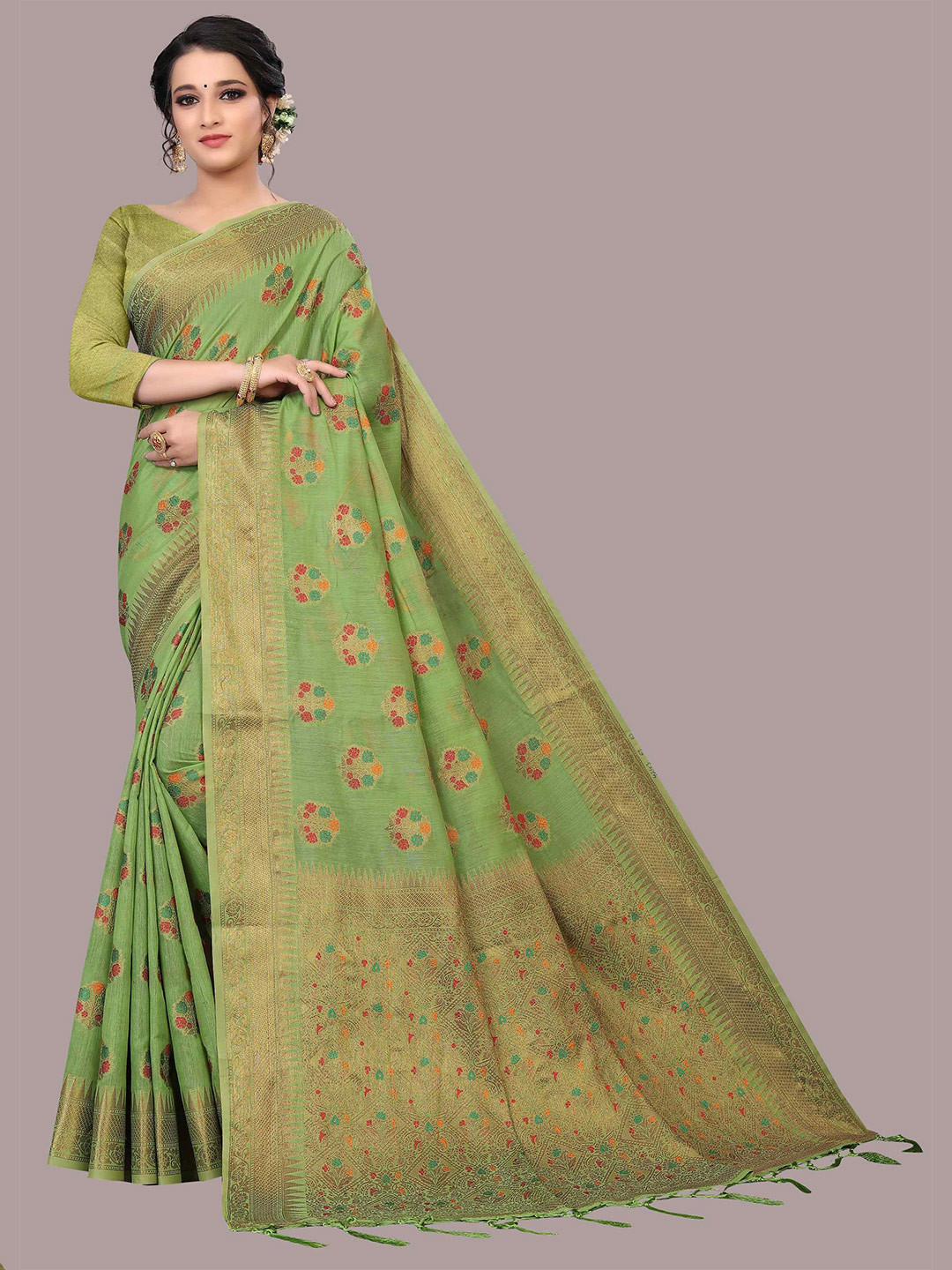 

Mizzific Green & Orange Floral Zari Pure Cotton Chanderi Saree
