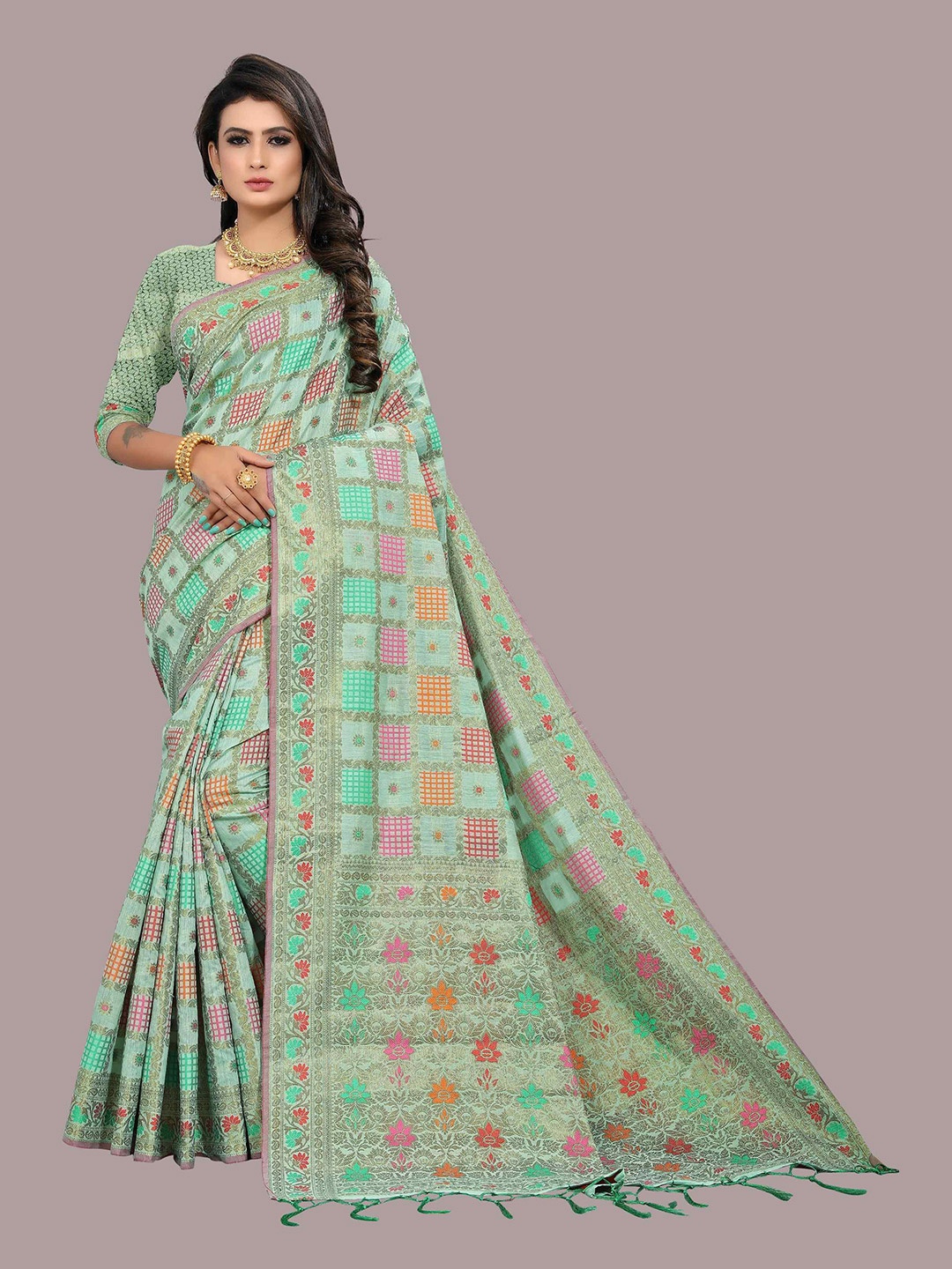 

Mizzific Turquoise Blue & Pink Woven Design Zari Pure Cotton Chanderi Saree