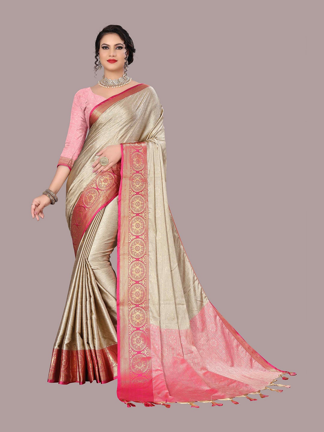 

Mizzific Grey & Red Woven Design Zari Silk Cotton Kanjeevaram Saree
