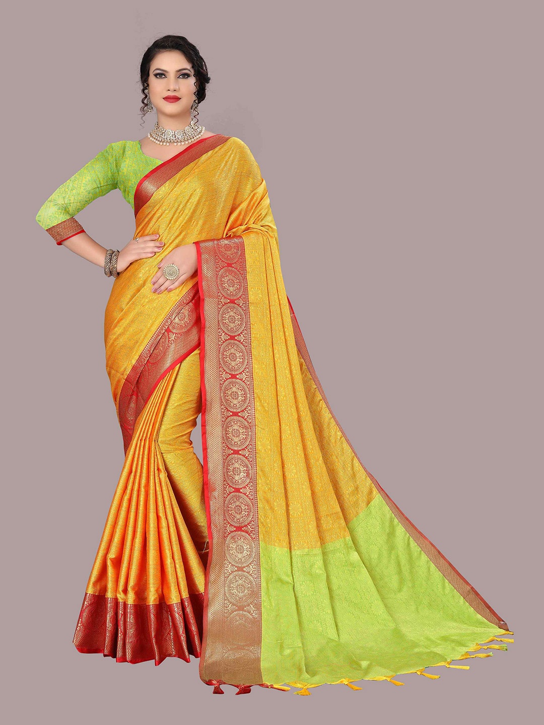 

Mizzific Yellow & Green Woven Design Zari Silk Cotton Kanjeevaram Saree