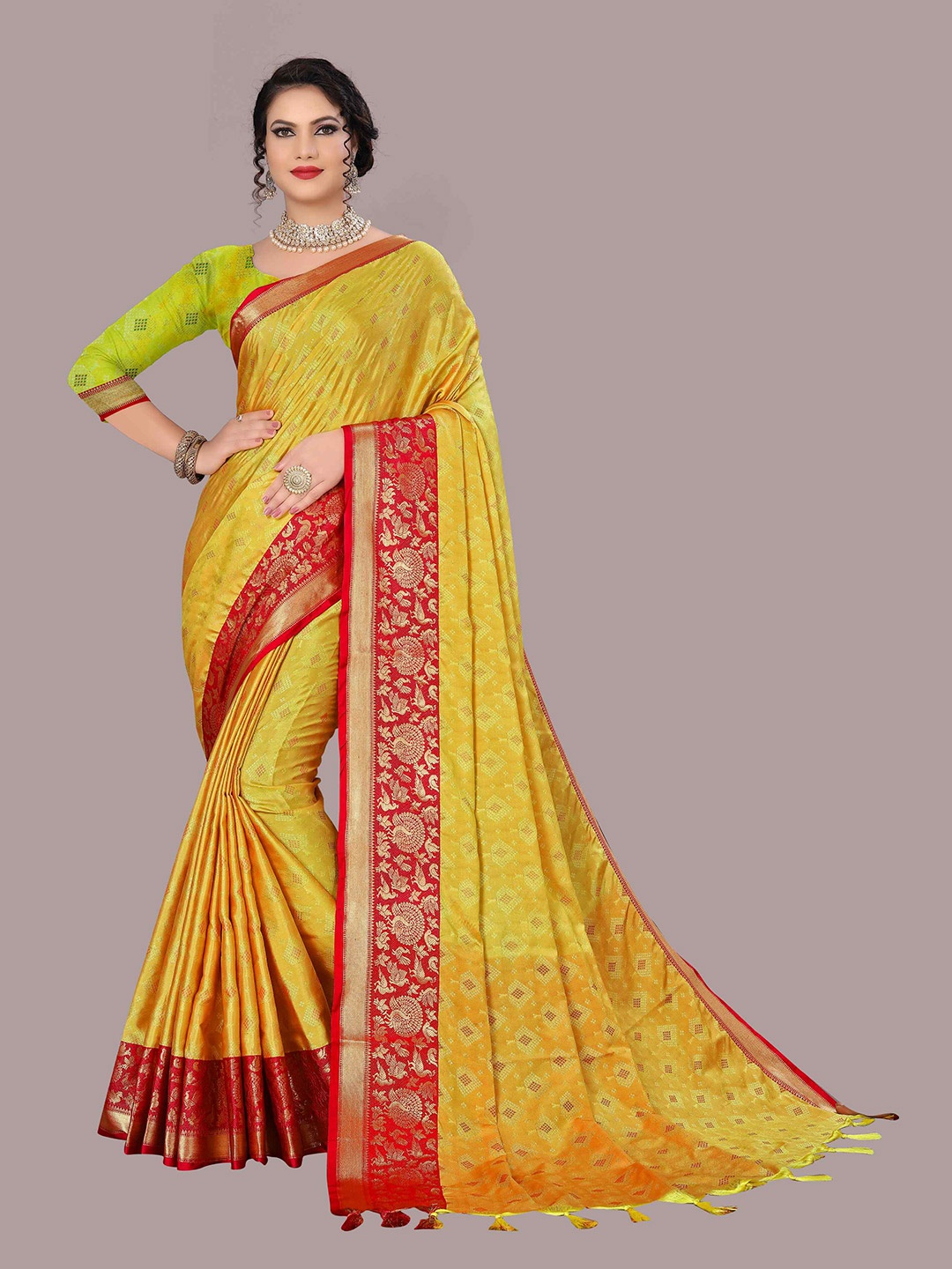 

Mizzific Yellow & Red Floral Zari Silk Cotton Kanjeevaram Saree