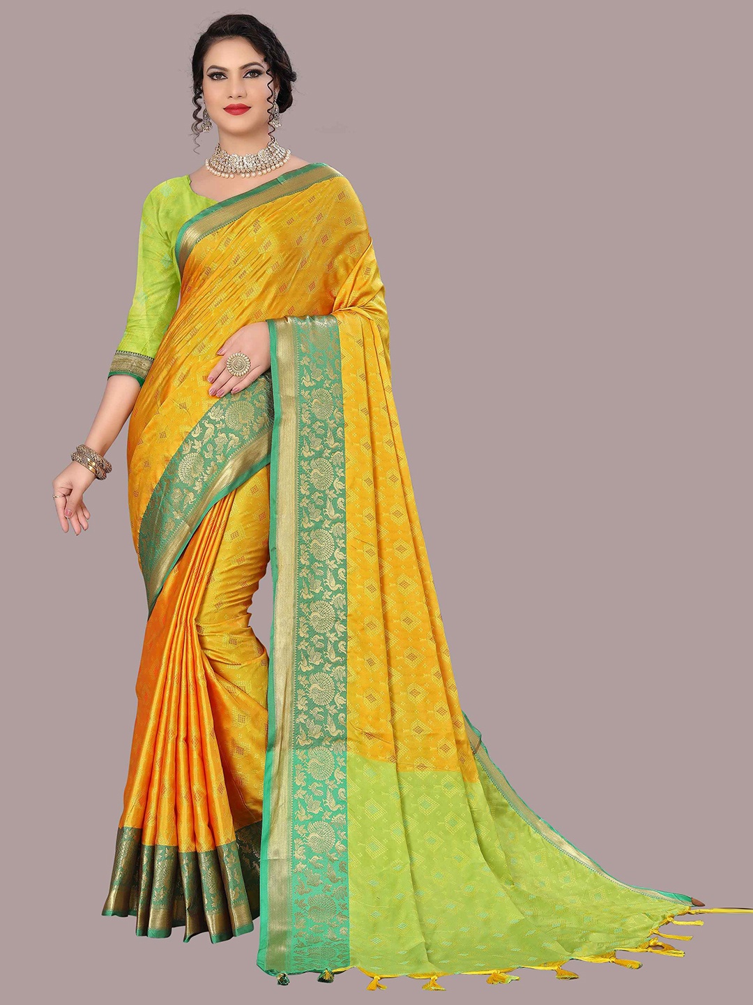 

Mizzific Green & Orange Zari Silk Cotton Kanjeevaram Saree