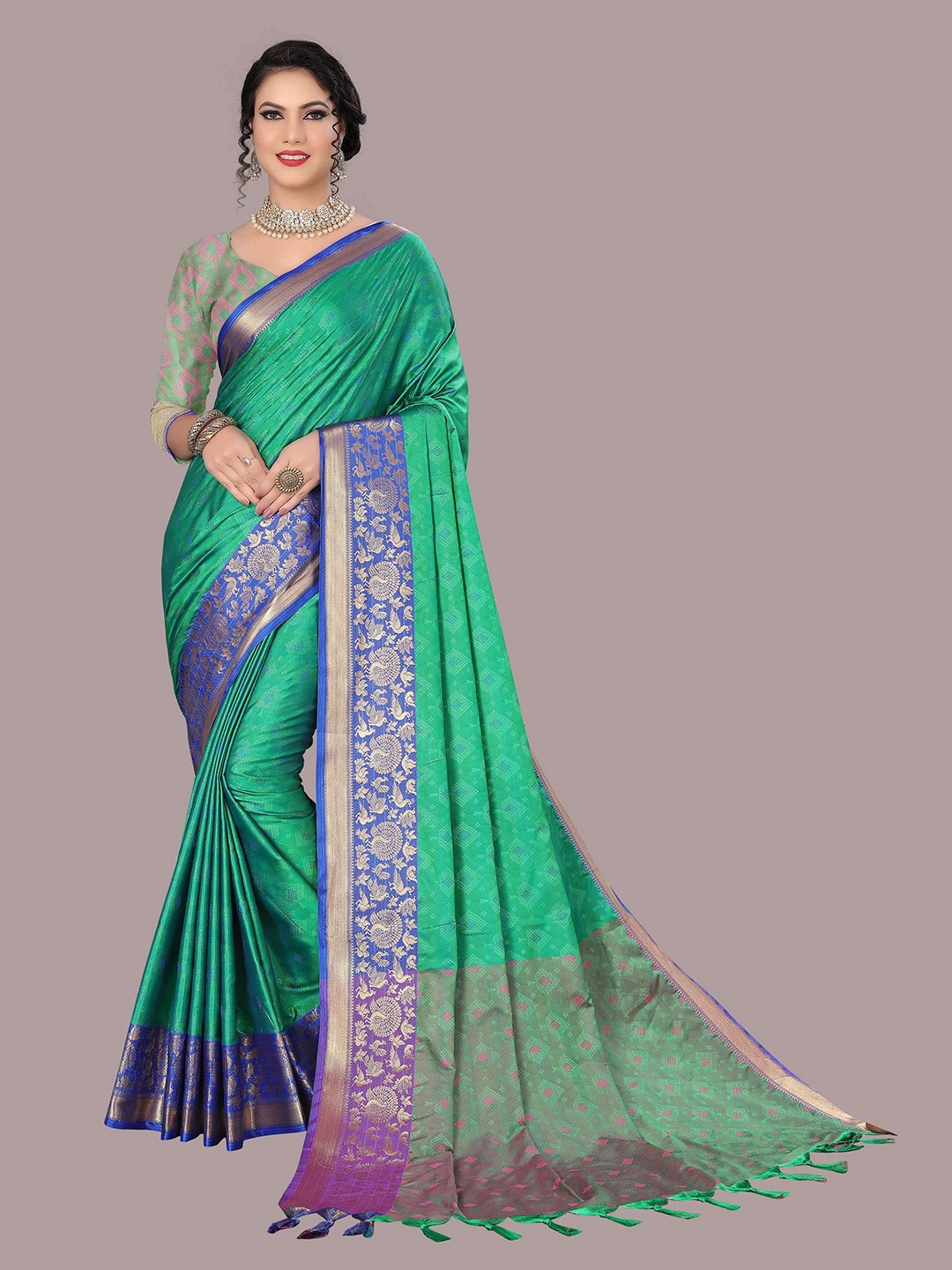 

Mizzific Green & Blue Woven Design Zari Silk Cotton Kanjeevaram Saree