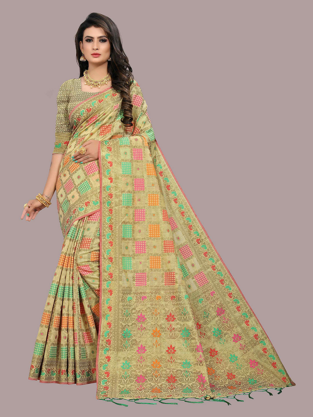 

Mizzific Cream-Coloured & Orange Woven Design Zari Pure Cotton Chanderi Saree