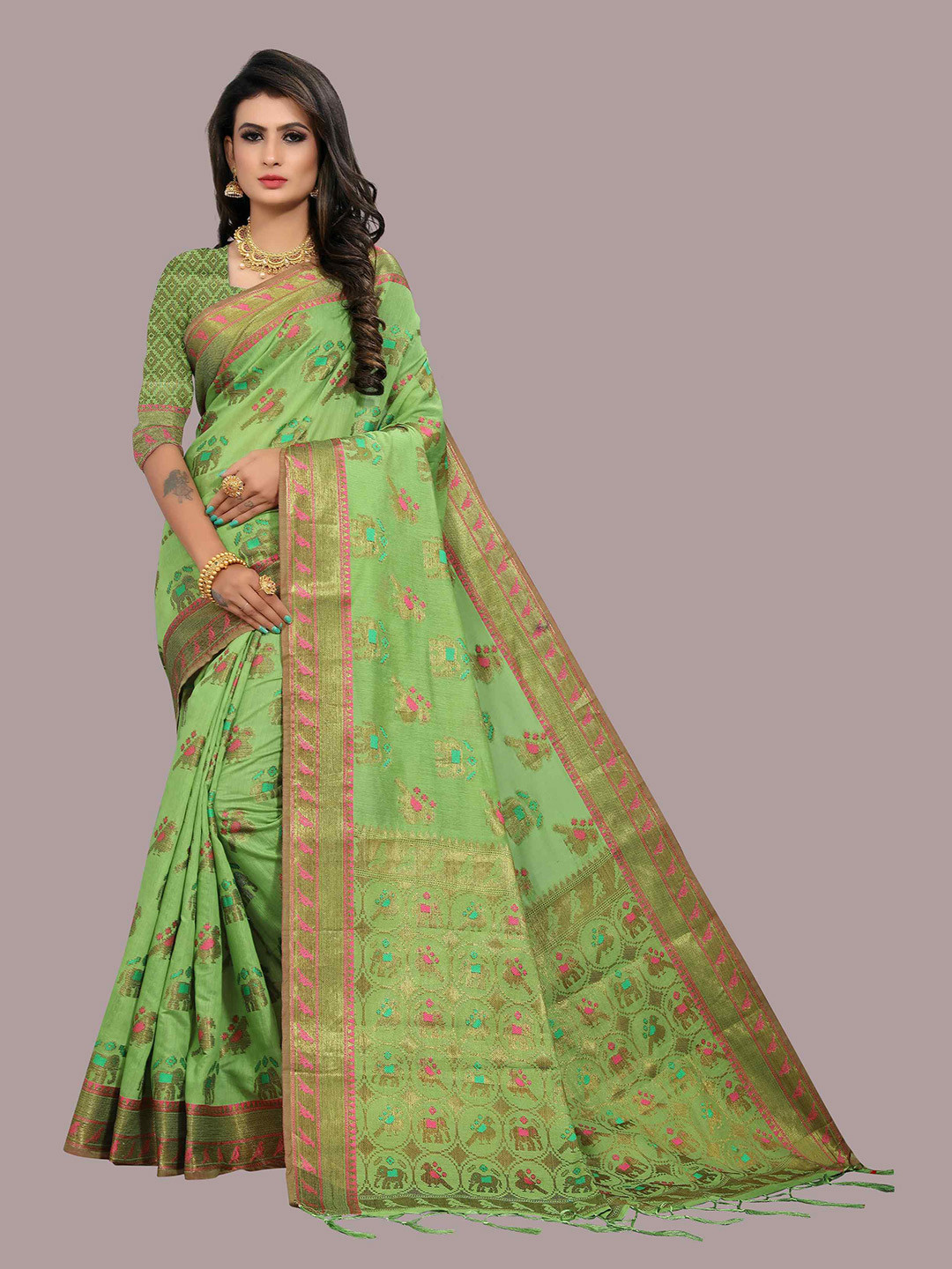 

Mizzific Green & Red Woven Design Zari Pure Cotton Chanderi Saree
