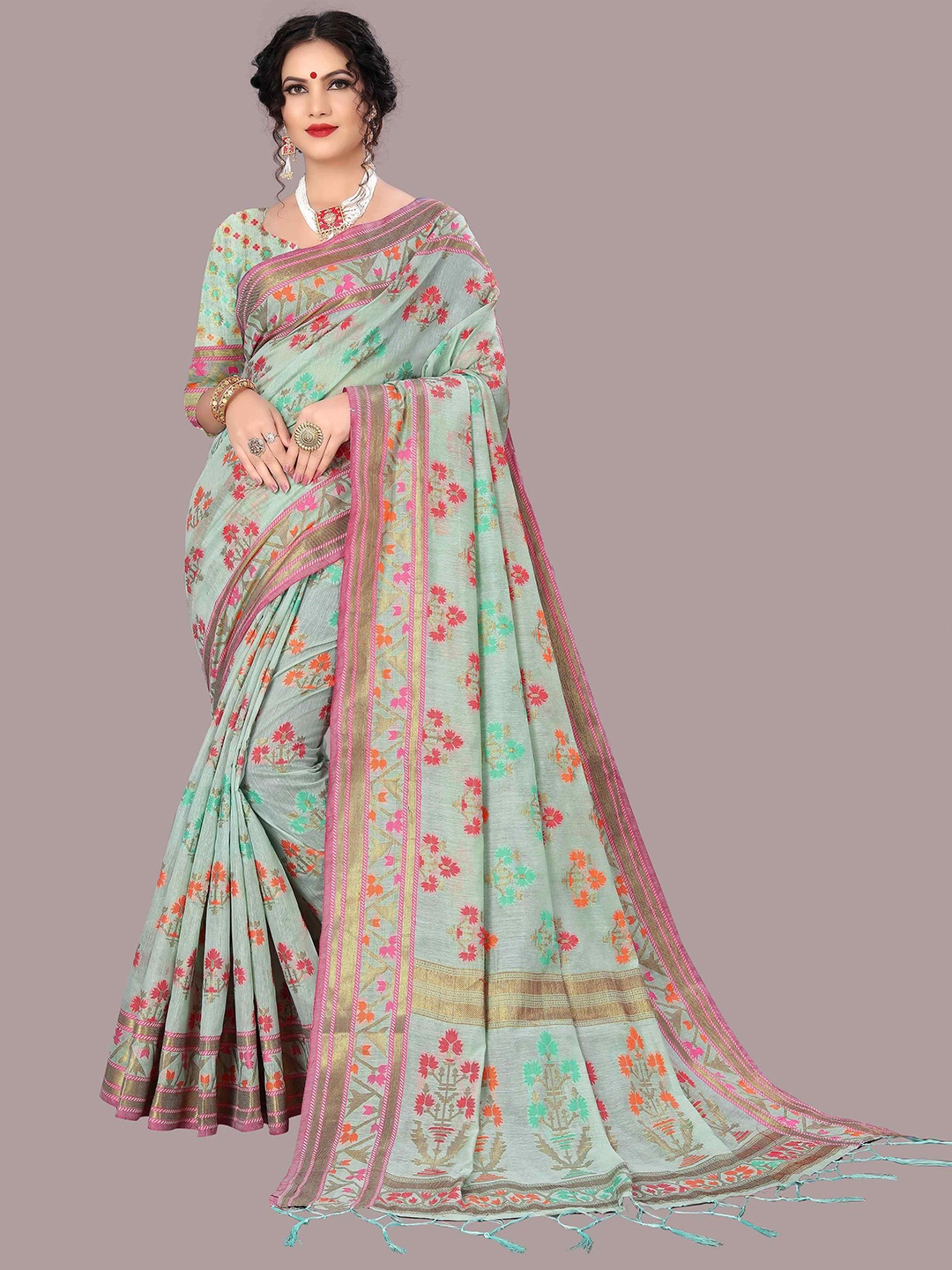 

Mizzific Turquoise Blue & Pink Floral Zari Pure Cotton Chanderi Saree