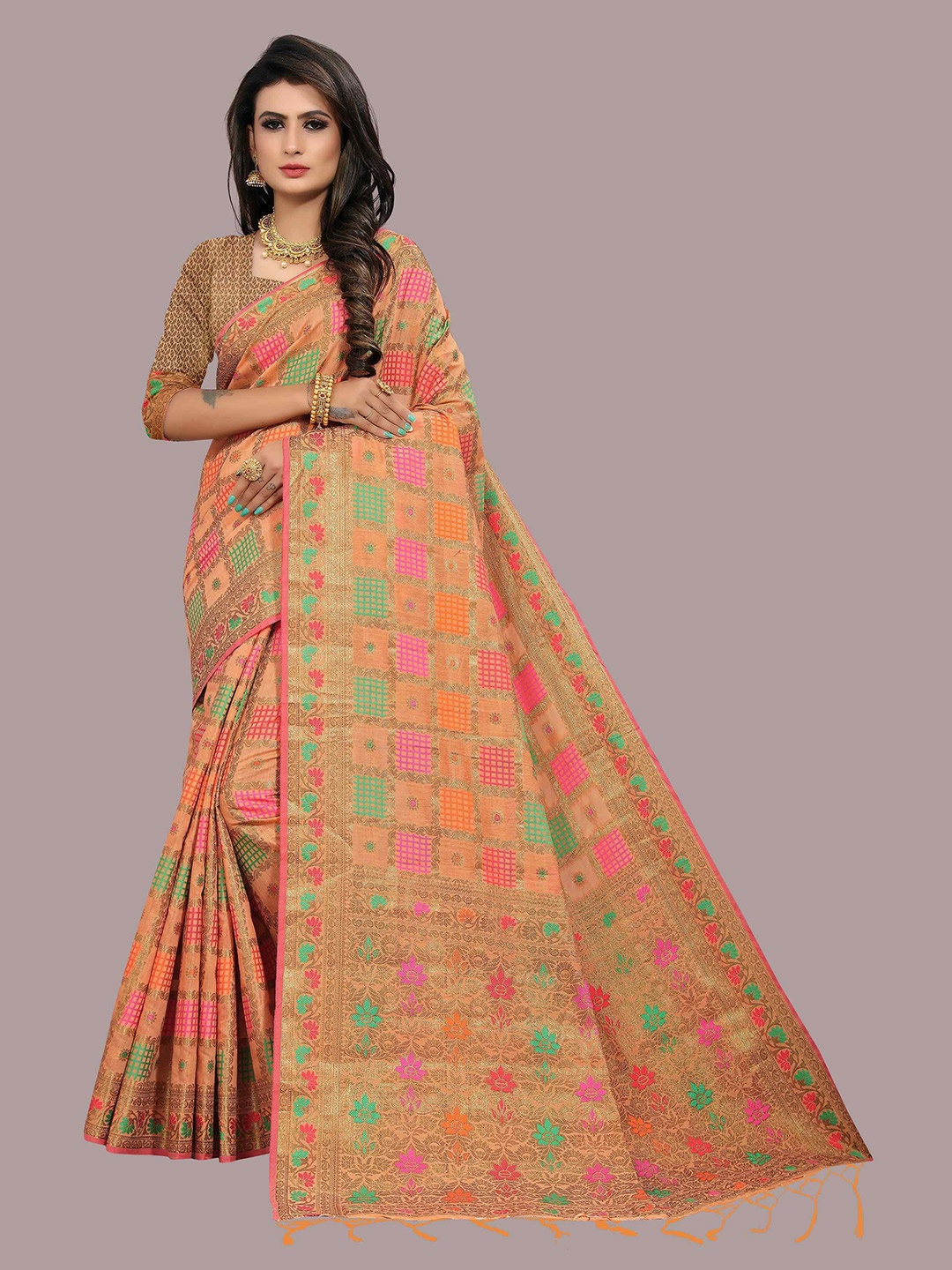 

Mizzific Peach-Coloured & Green Zari Pure Cotton Chanderi Saree