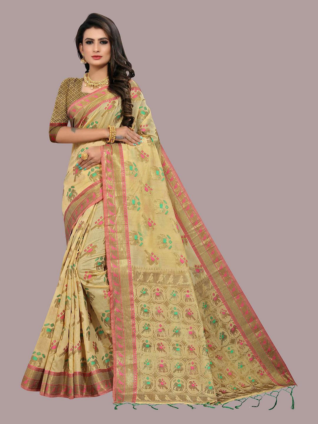 

Mizzific Cream-Coloured & Pink Woven Design Zari Pure Cotton Chanderi Saree