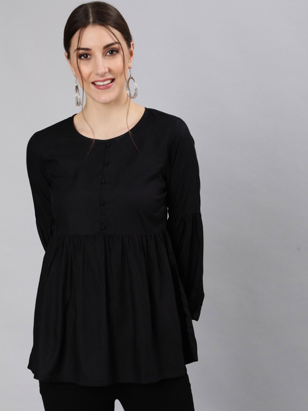 

Jaipur Kurti Black Monochrome Gathered Longline A-line Top