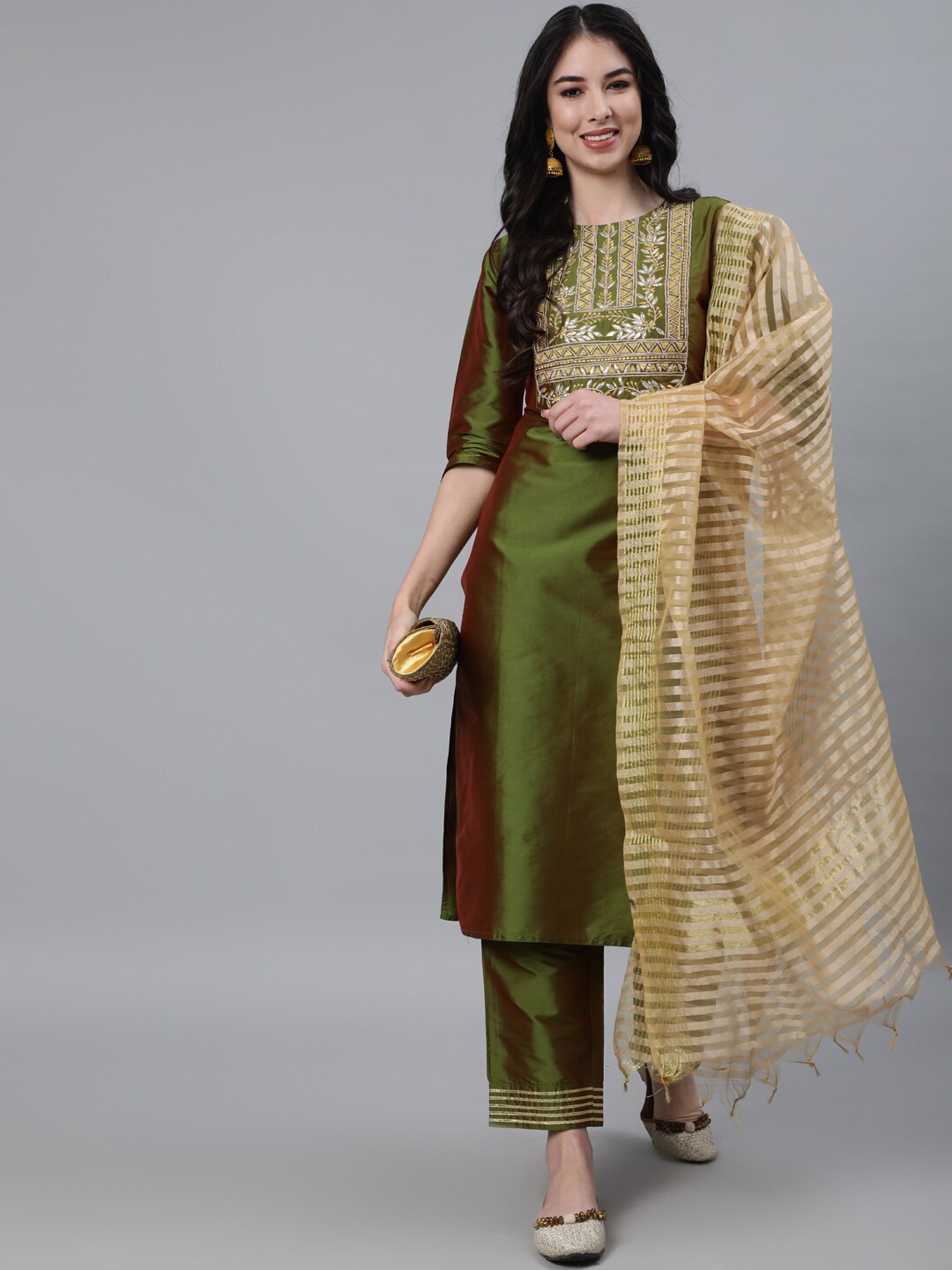 

Jaipur Kurti Women Olive Green Dupion Silk Kurta with Trousers & With Dupatta