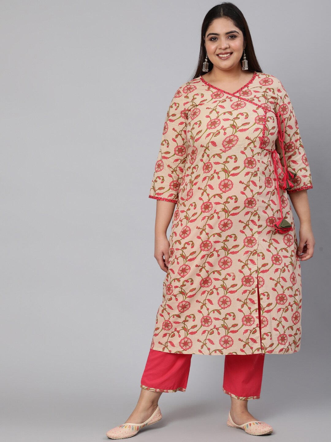 

Jaipur Kurti Women Beige Floral Colourblocked Angrakha Sequinned Pure Cotton Kurti with Trousers