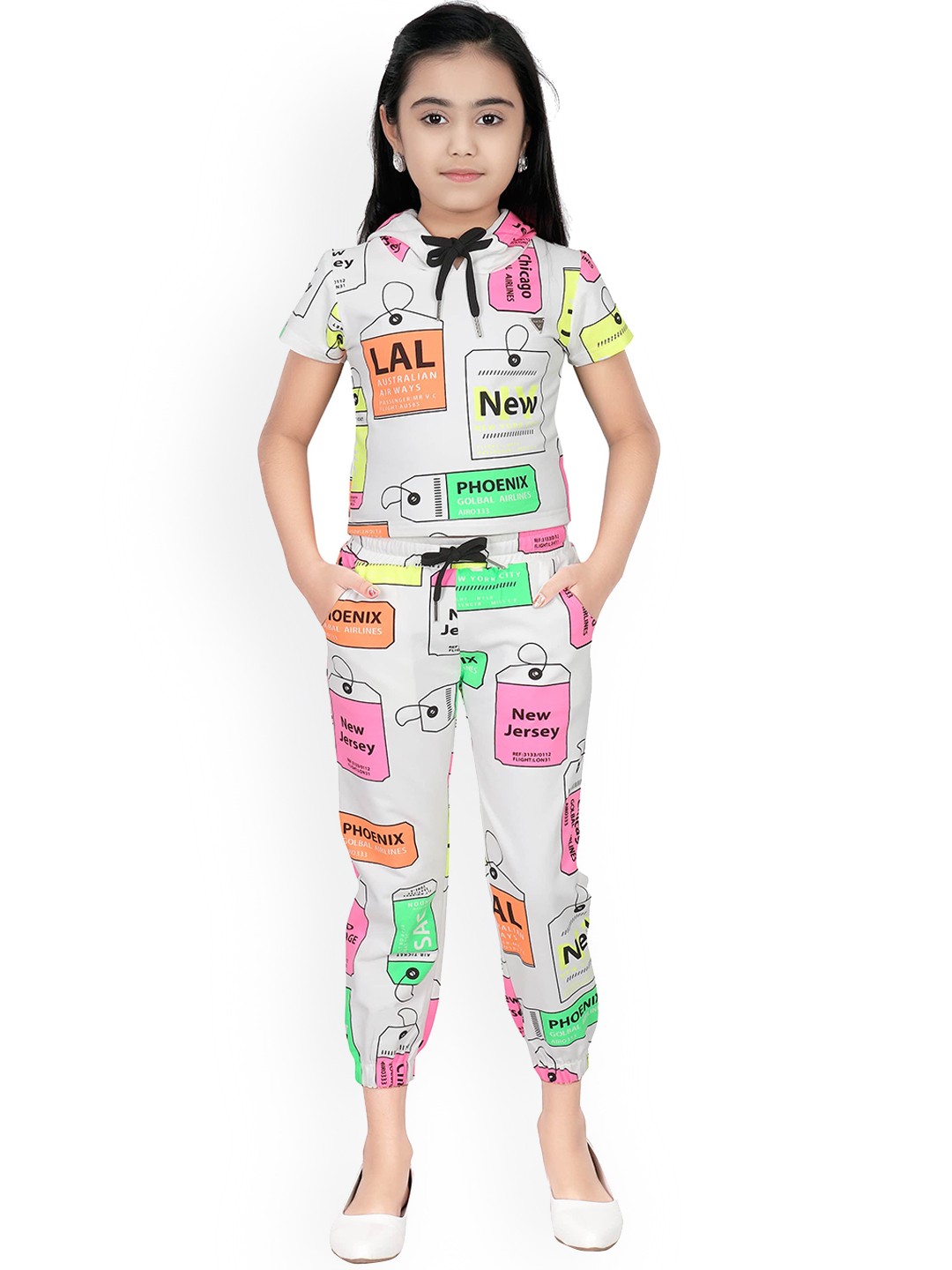 

Tiny Girl Girls White & Pink Printed Cotton Hooded Top with Trousers