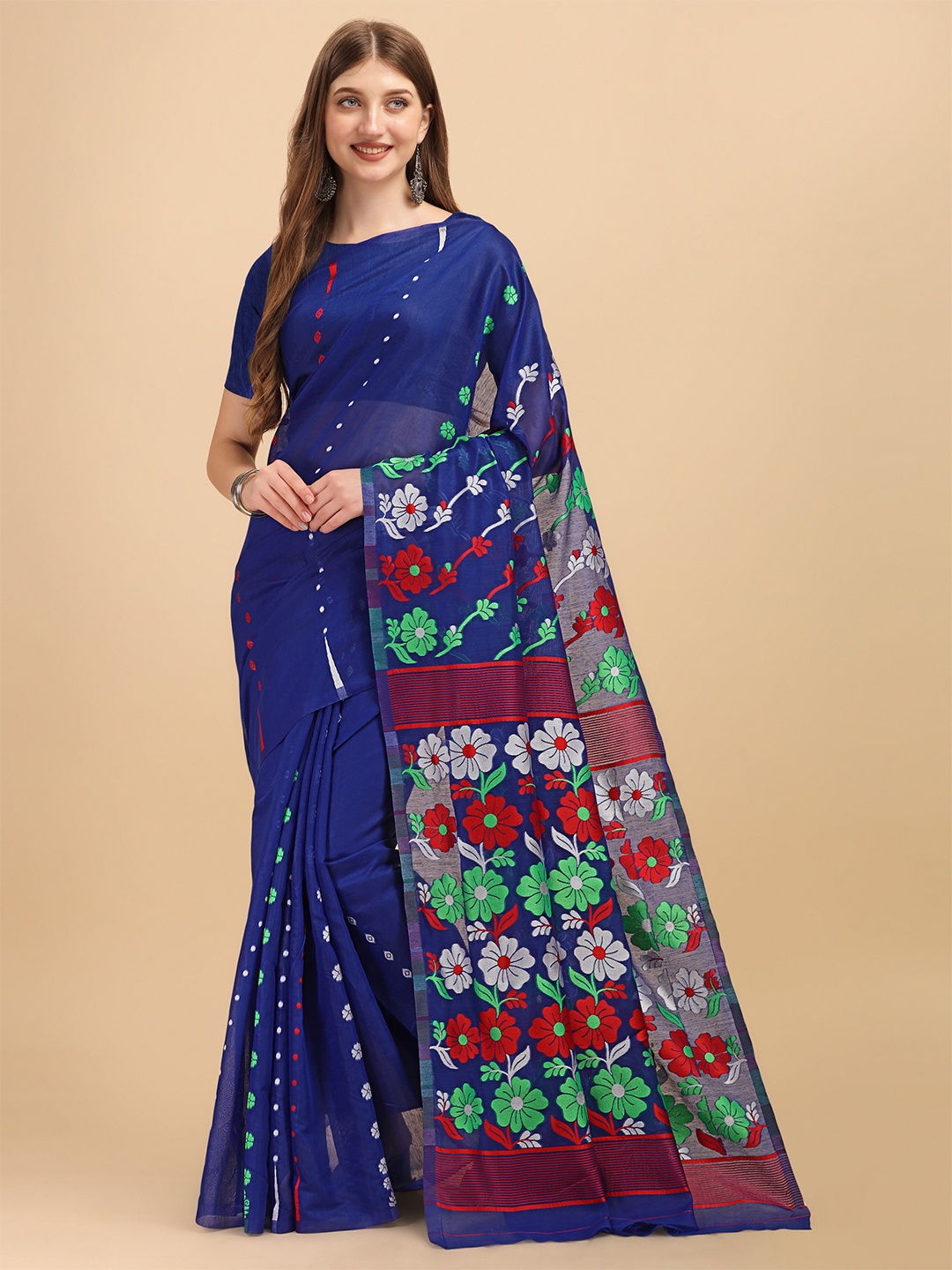 

ZIKARAA Blue & Red Woven Design Jamdani Saree