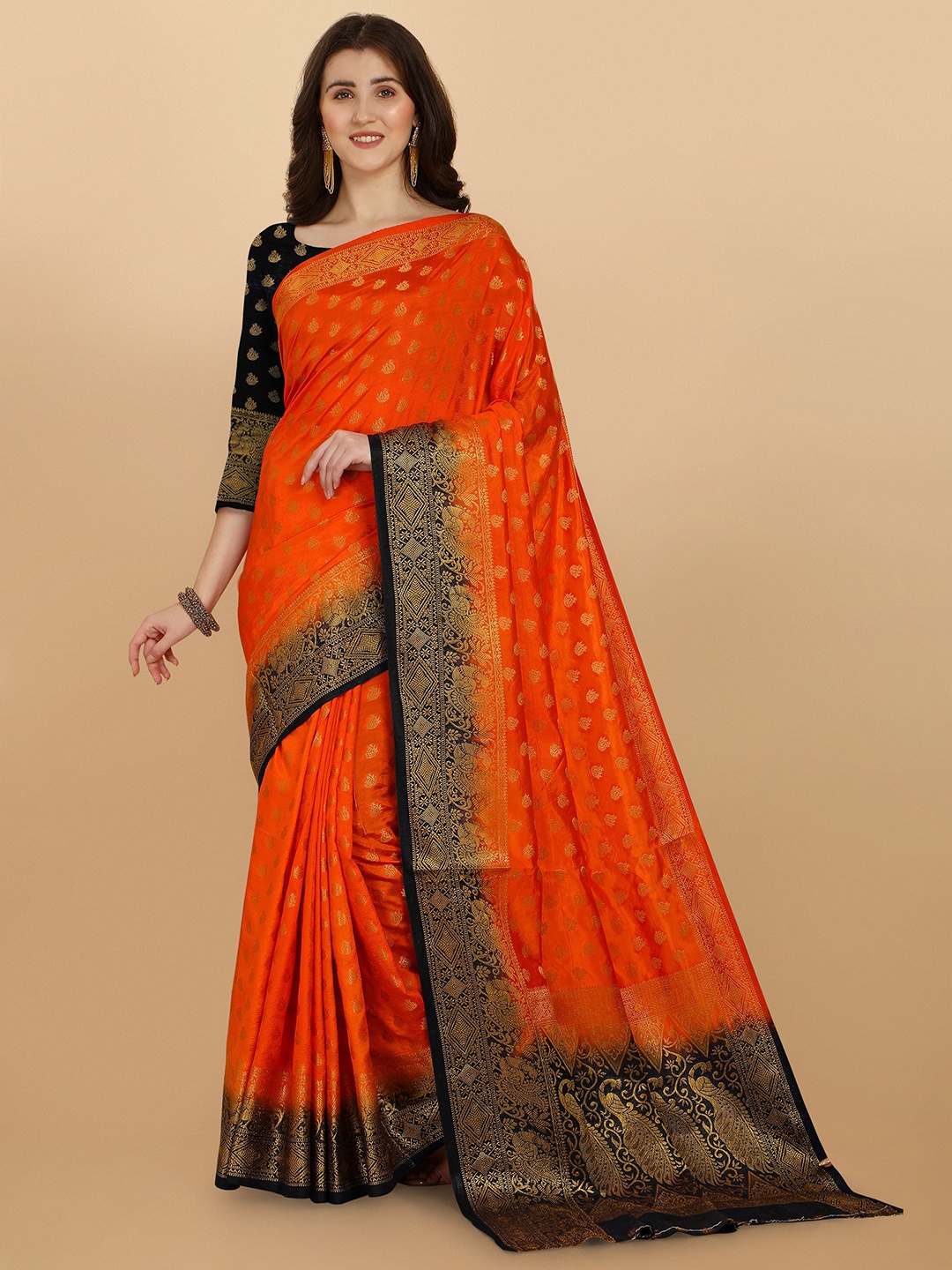

ZIKARAA Orange & Black Woven Design Zari Pure Silk Banarasi Saree