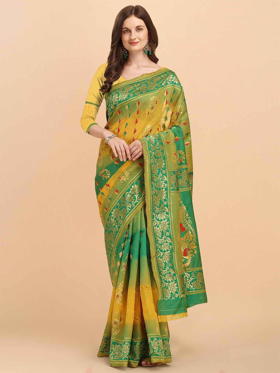 

ZIKARAA Green & Yellow Floral Jamdani Saree