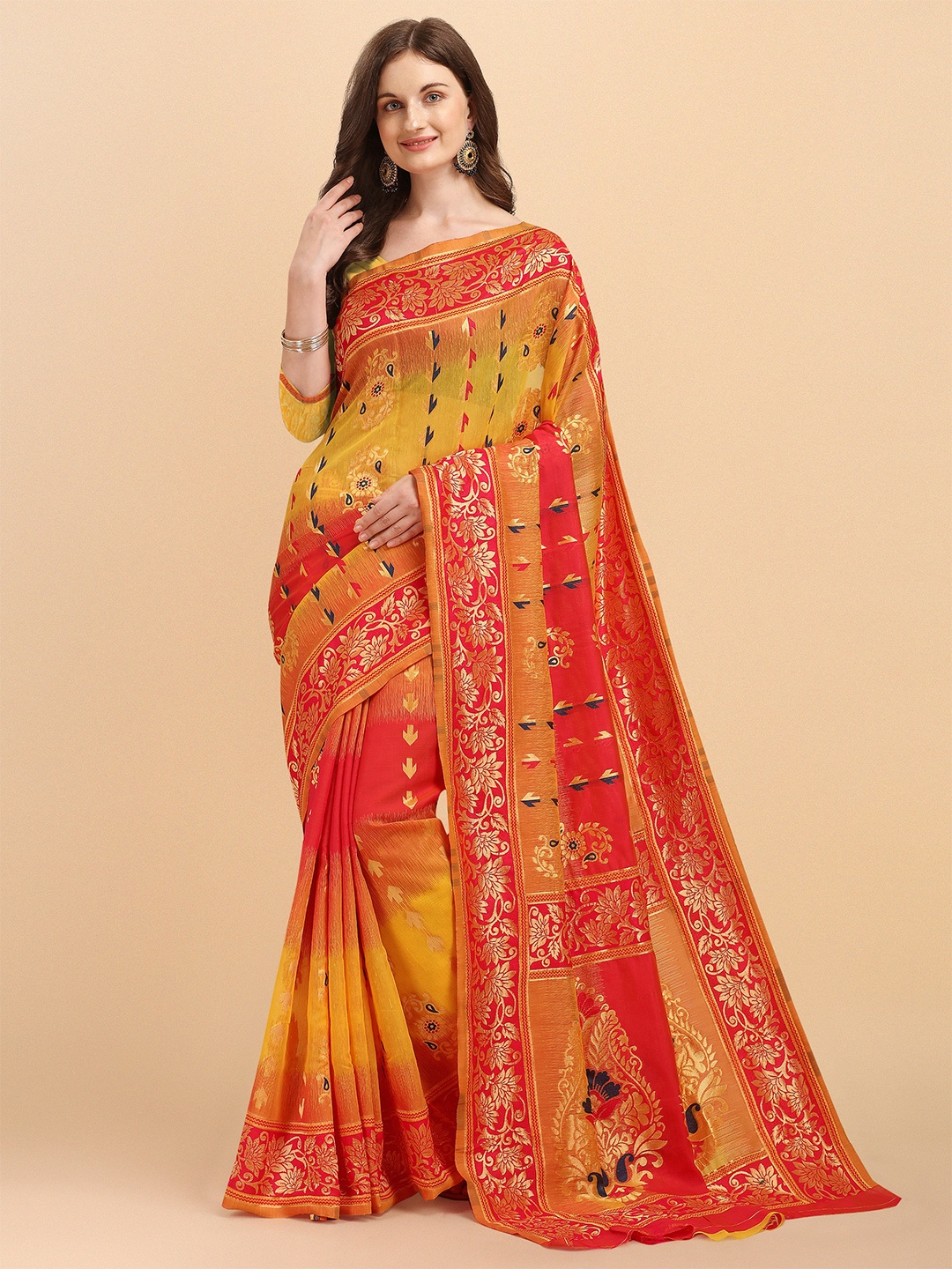 

ZIKARAA Pink & Mustard Floral Zari Heavy Work Jamdani Saree