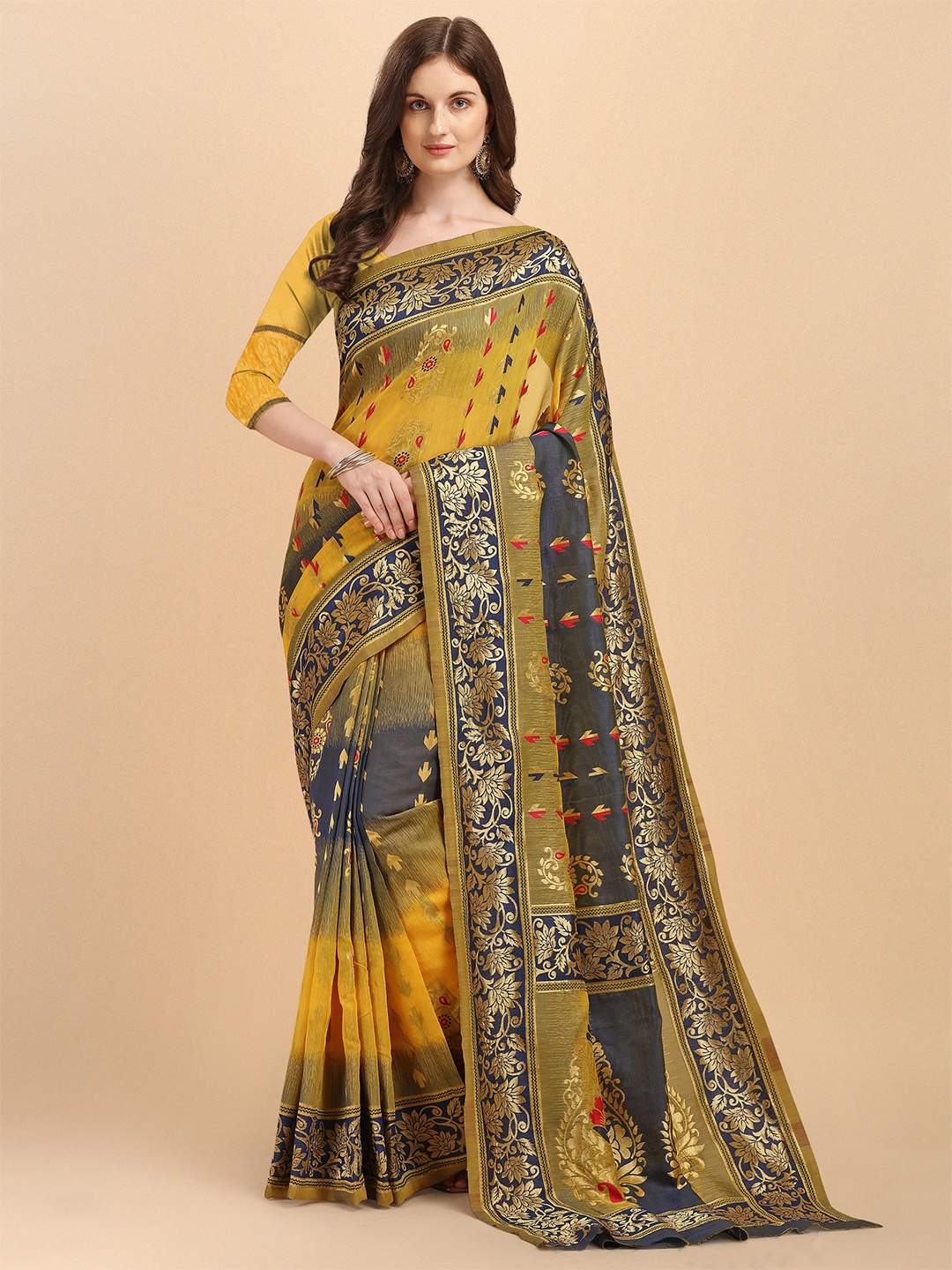 

ZIKARAA Blue & Yellow Floral Jamdani Saree