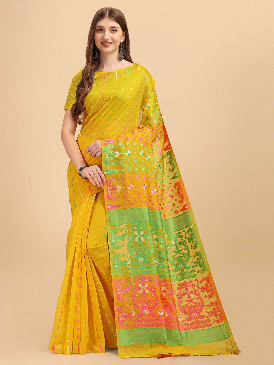 

ZIKARAA Yellow & Green Woven Design Jamdani Saree