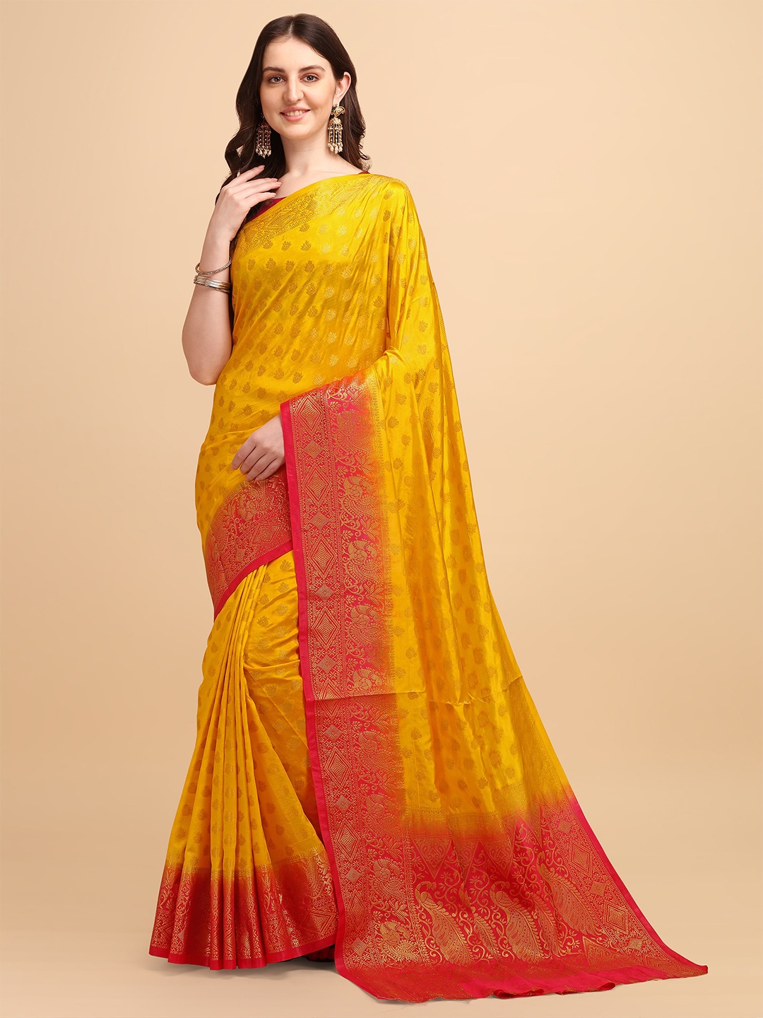 

ZIKARAA Yellow & Red Woven Design Zari Pure Silk Banarasi Saree