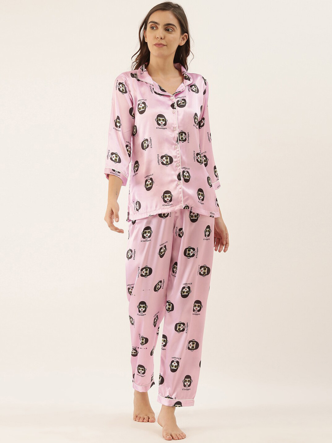 

Bannos Swagger Women Pink & Black Printed Night suit
