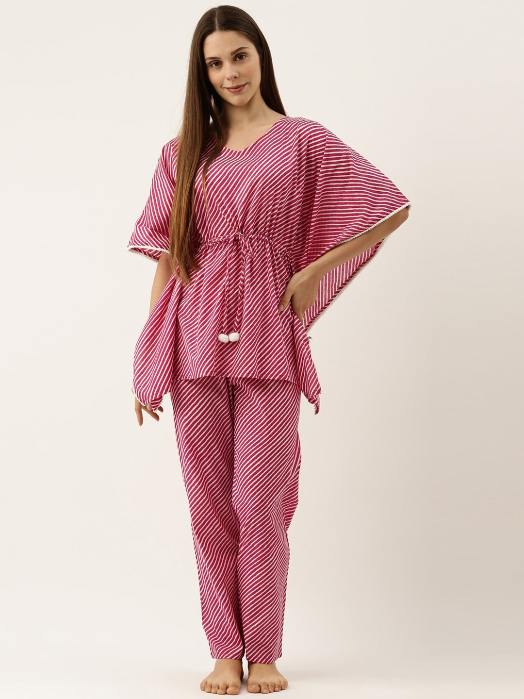 

Bannos Swagger Women Pink & White Striped Night suit