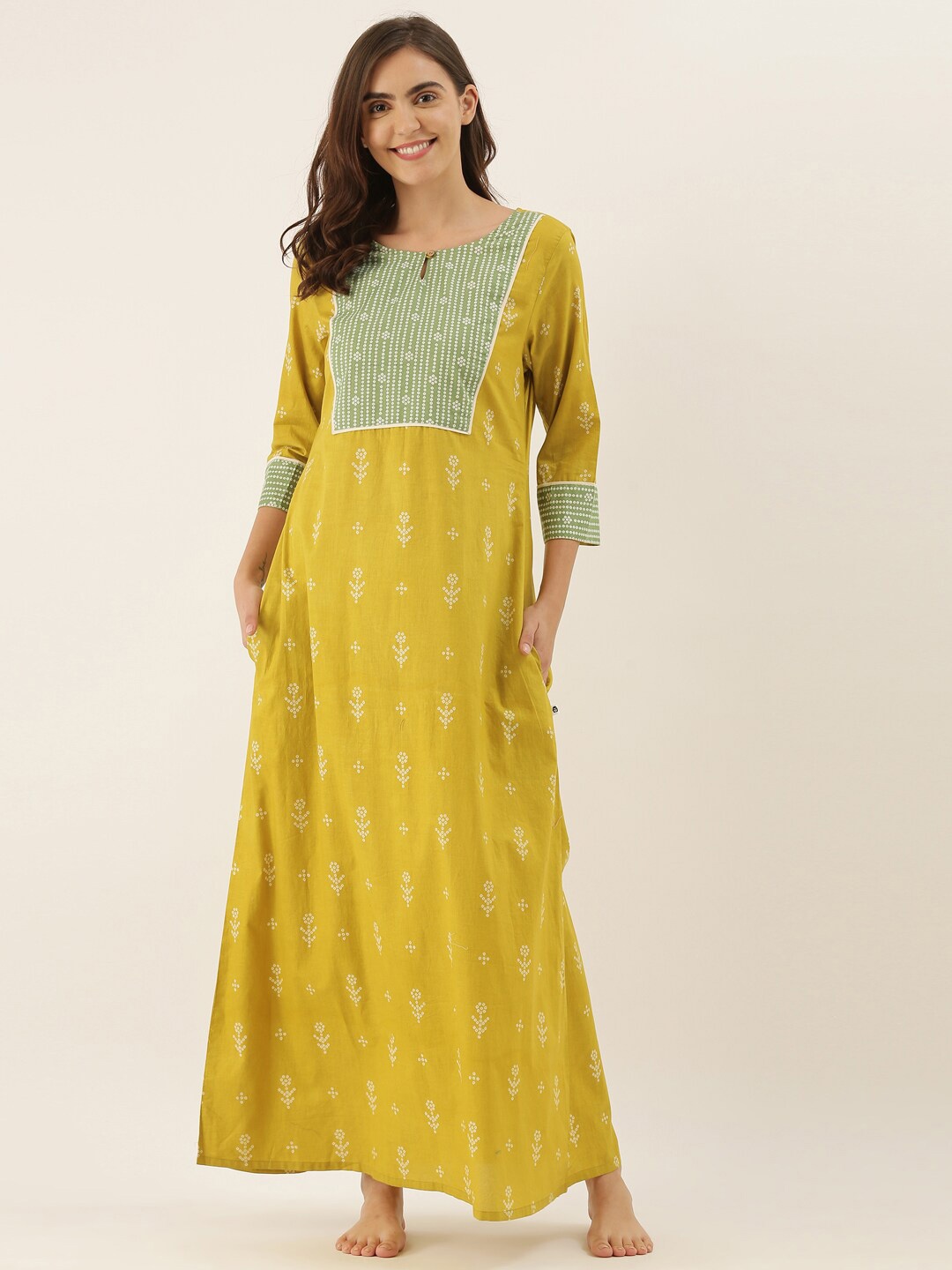 

Bannos Swagger Yellow Printed Maxi Nightdress