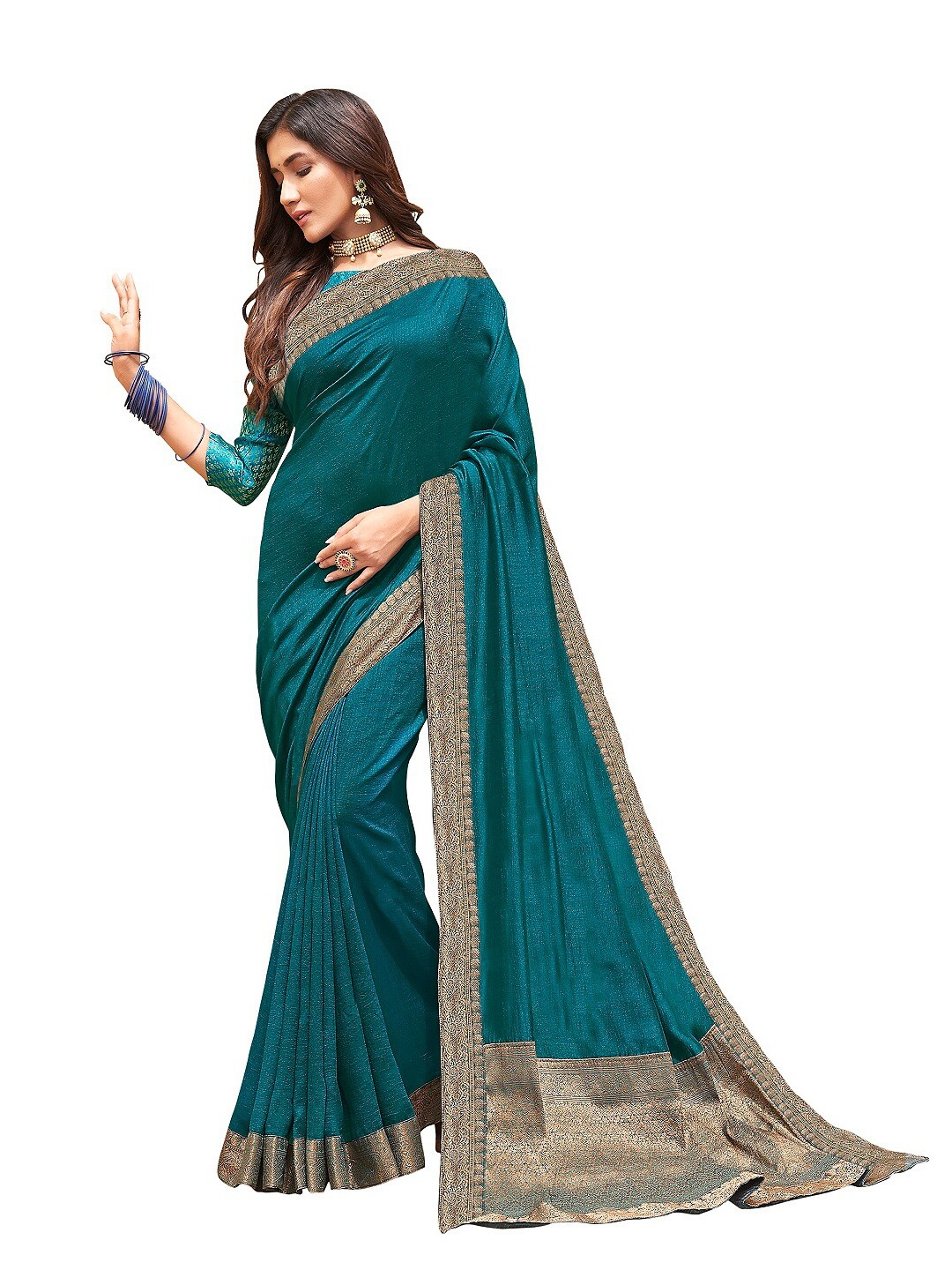 

Hinayat Fashion Teal & Gold-Toned Zari Art Silk Banarasi Saree