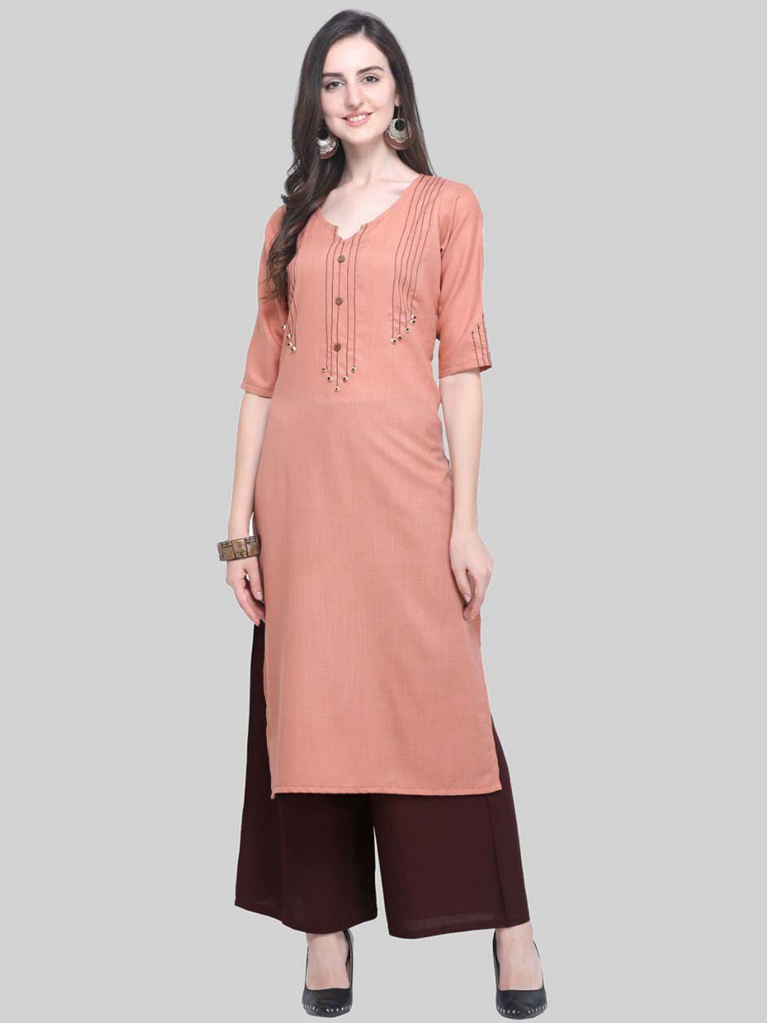 

SAPTRANGI Women Brown Pleated Thread Work Kurti with Trousers
