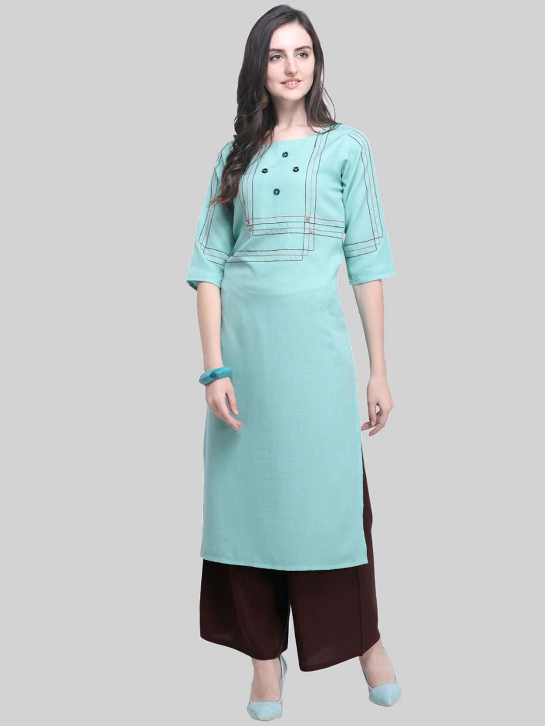 

SAPTRANGI Women Green Embroidered Empire Thread Work Kurti with Trousers