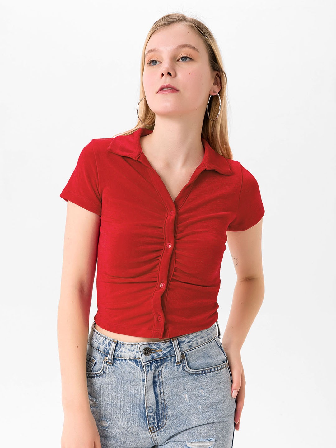 

busem Red Ruched Cropped Fitted Top