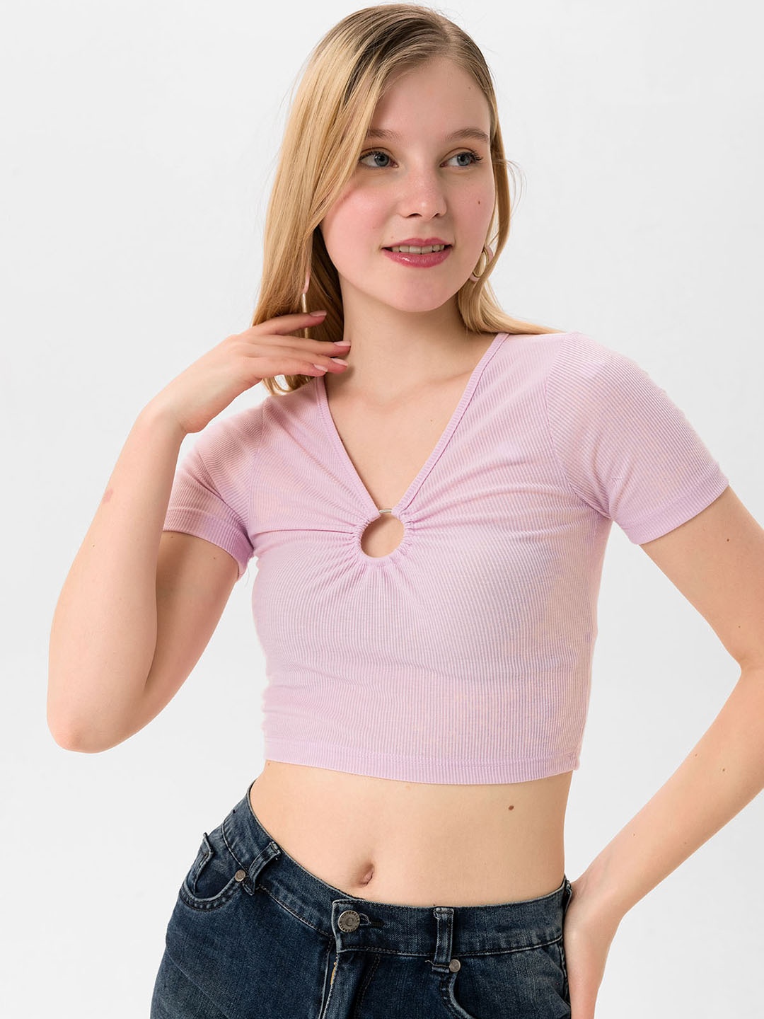 

busem Pink Cotton Ribbed Cropped Fitted Top