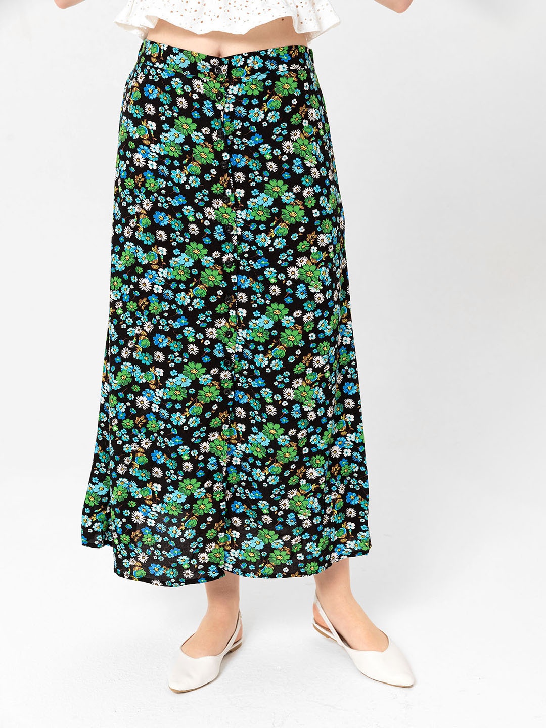 

busem Green & Black Floral Print Casual A-Line Maxi Skirt