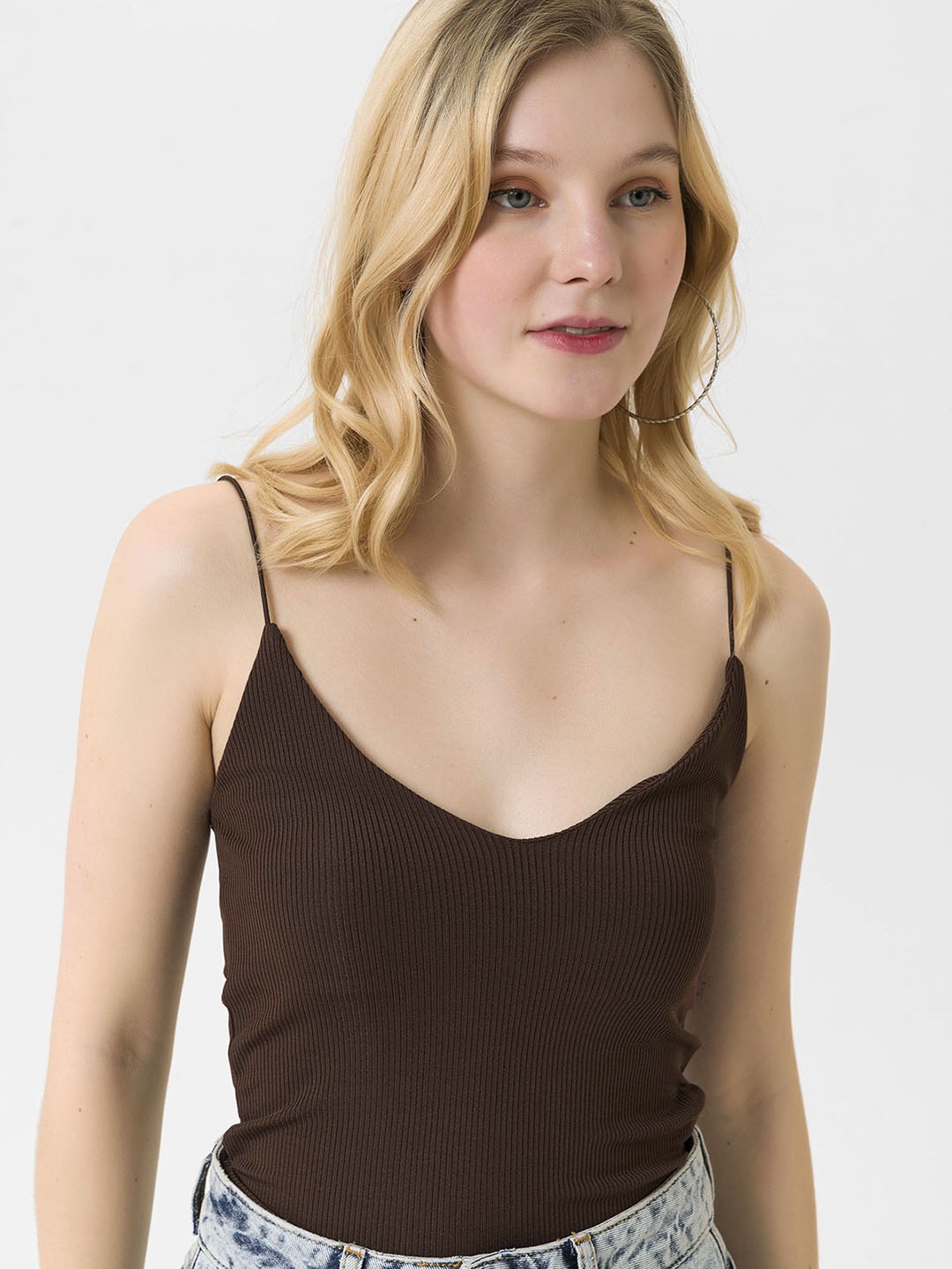 

busem Coffee Brown Ribbed Fitted Cami Top